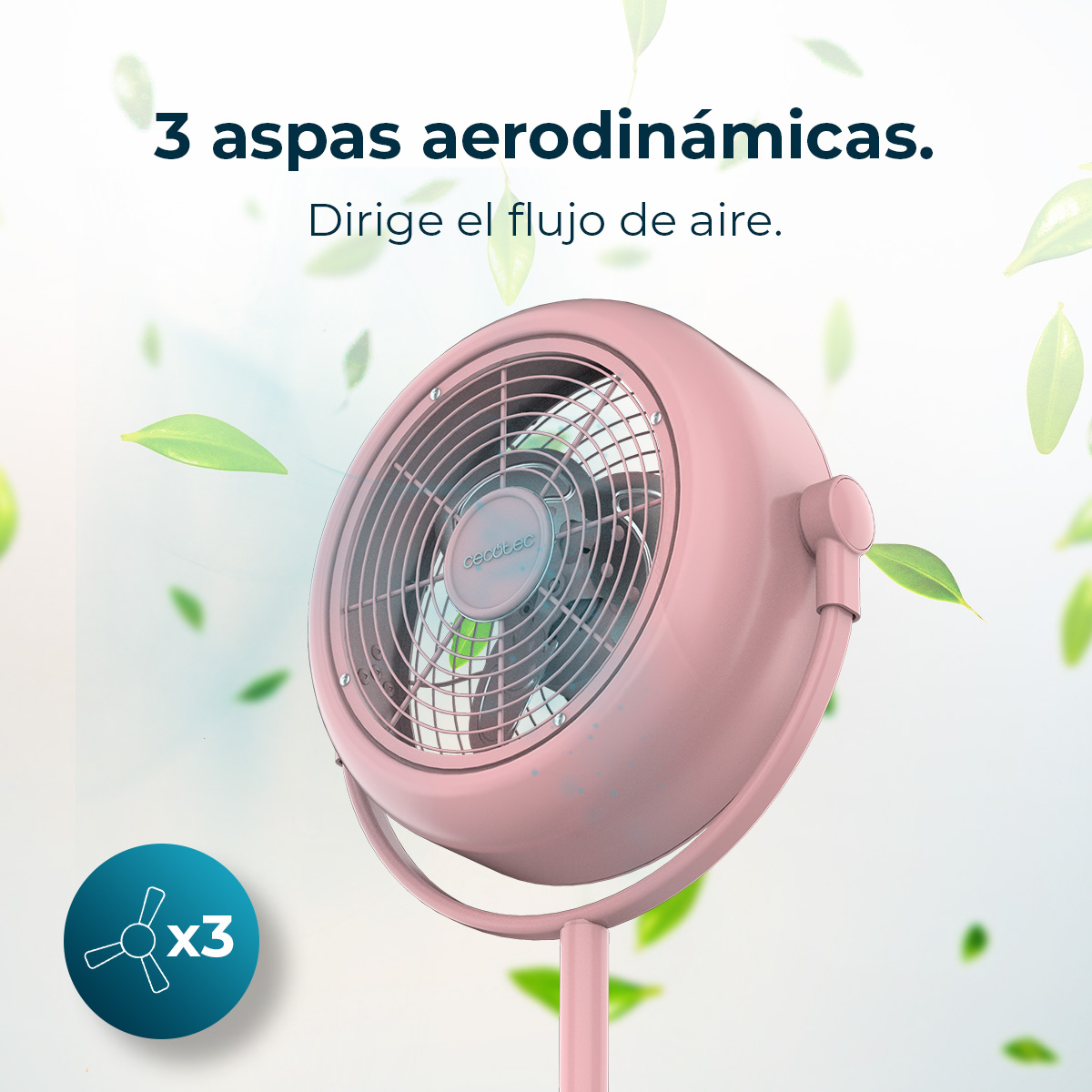 Un ventilador rosa con tres aspas. Hojas verdes en el fondo. Un círculo azul indica tres aspas.