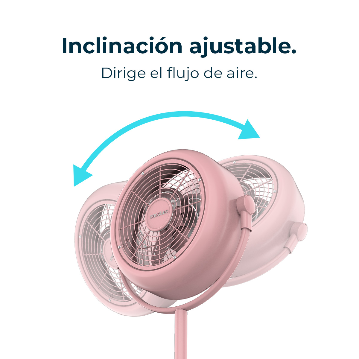 Ventilador rosa con inclinación ajustable, dirigiendo el flujo de aire. El ventilador está sobre un soporte con cabezal redondo y rejilla protectora.