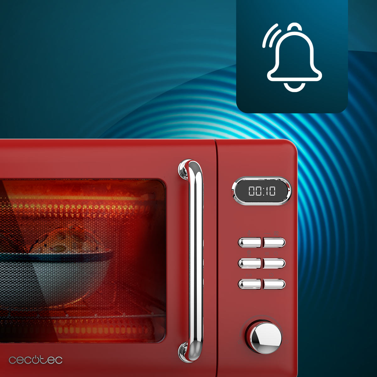 Czerwona kuchenka mikrofalowa ze srebrnym uchwytem. Wyświetlacz cyfrowy pokazuje 00:10. W prawym górnym rogu znajduje się ikona dzwonka.