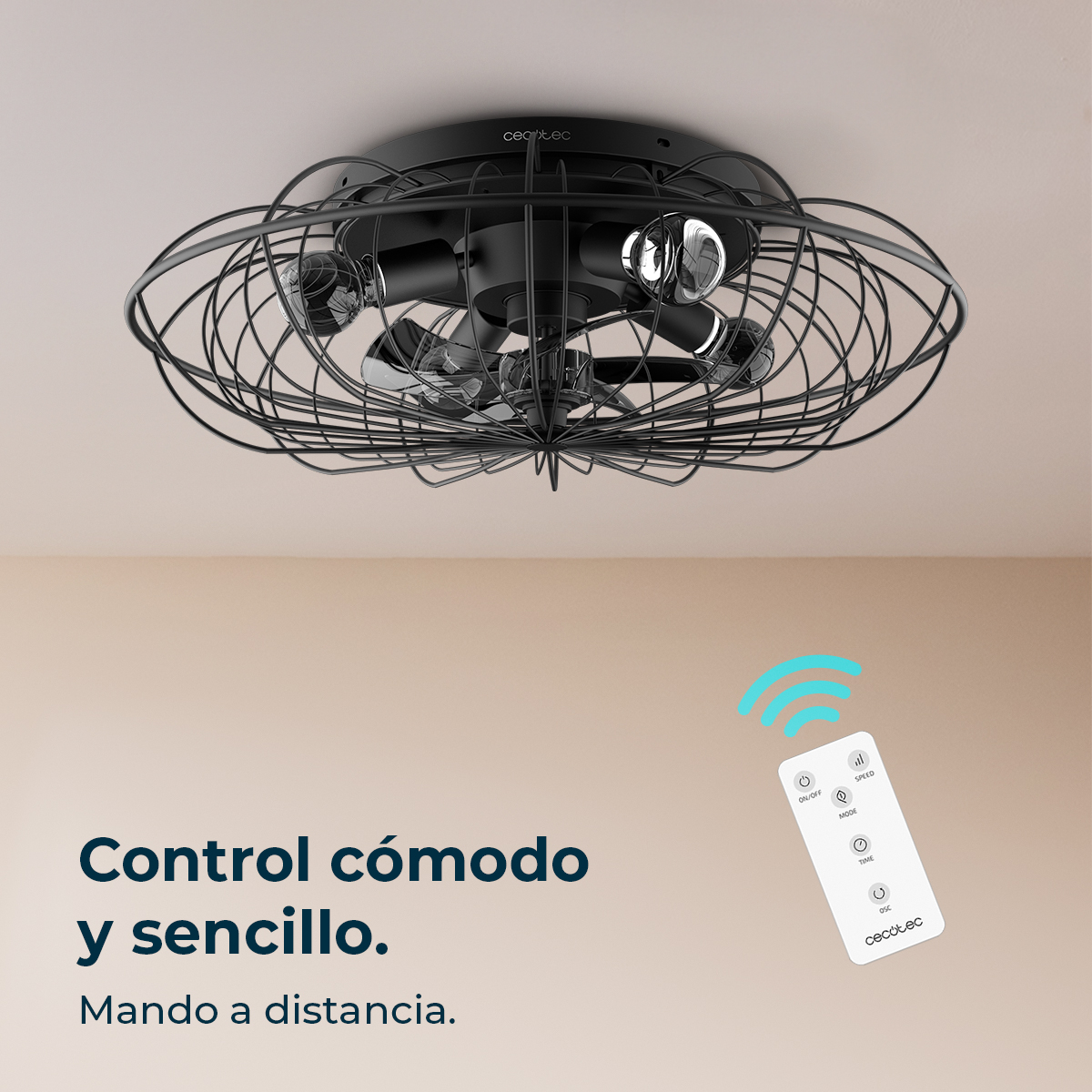 Ein schwarzer Deckenventilator mit Fernbedienung, mit dem Text 'Control cómodo y sencillo' und 'Mando a distancia'.
