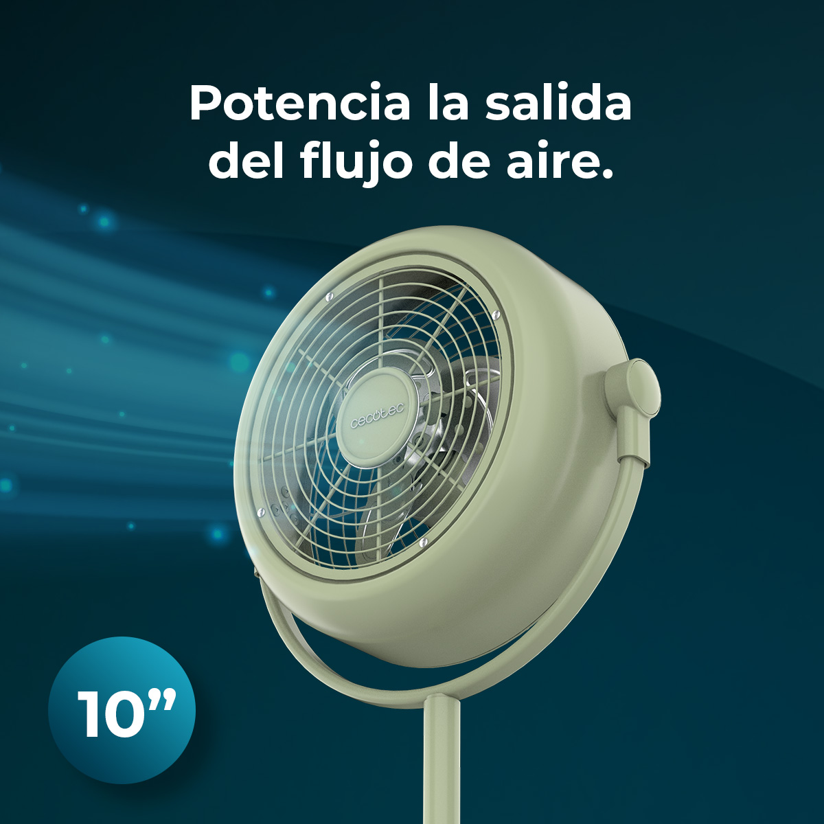 Ein beigefarbener Ventilator mit Metallgitter, der Text auf dem Bild lautet 'Potencia la salida del flujo de aire'. Ein blauer Kreis sagt 10".