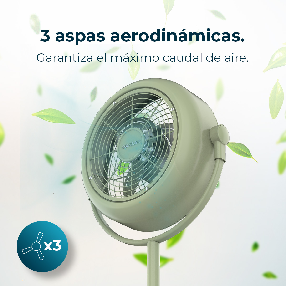 Ein grüner Ventilator mit 3 Flügeln. Der Text lautet '3 aerodynamische Flügel' und 'garantiert maximalen Luftstrom'.