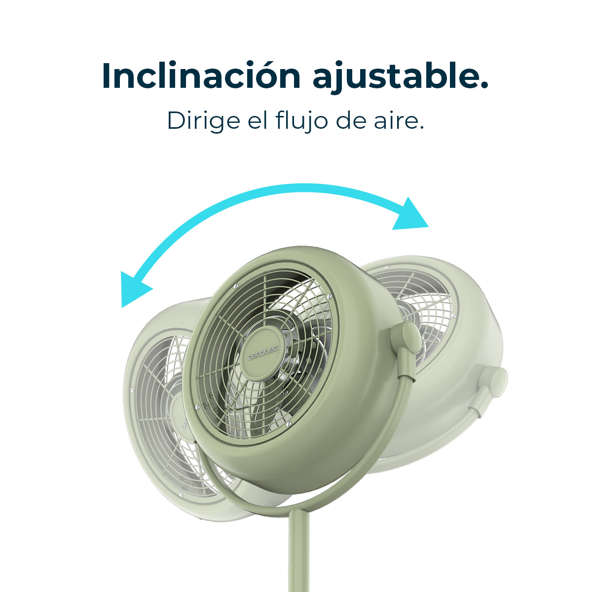 Ein grüner Ventilator mit verstellbarer Neigung, in drei Positionen dargestellt, mit blauem Pfeil. Text: Einstellbare Neigung. Lenken Sie den Luftstrom.