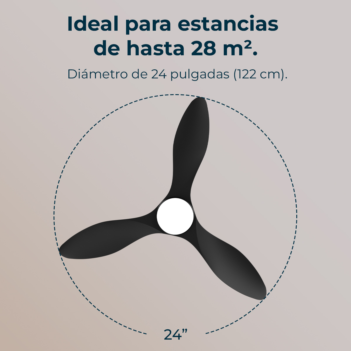 Wentylator sufitowy z trzema czarnymi łopatkami. Ma biały środek i jasnobeżowe tło.
