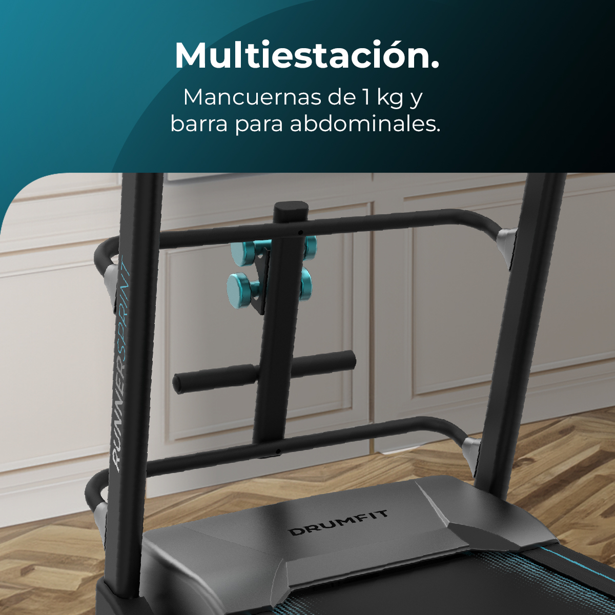 Bieżnia z czarną ramą. Widoczne obciążniki i drążek. Tło pokazuje drewnianą podłogę i białą ścianę.