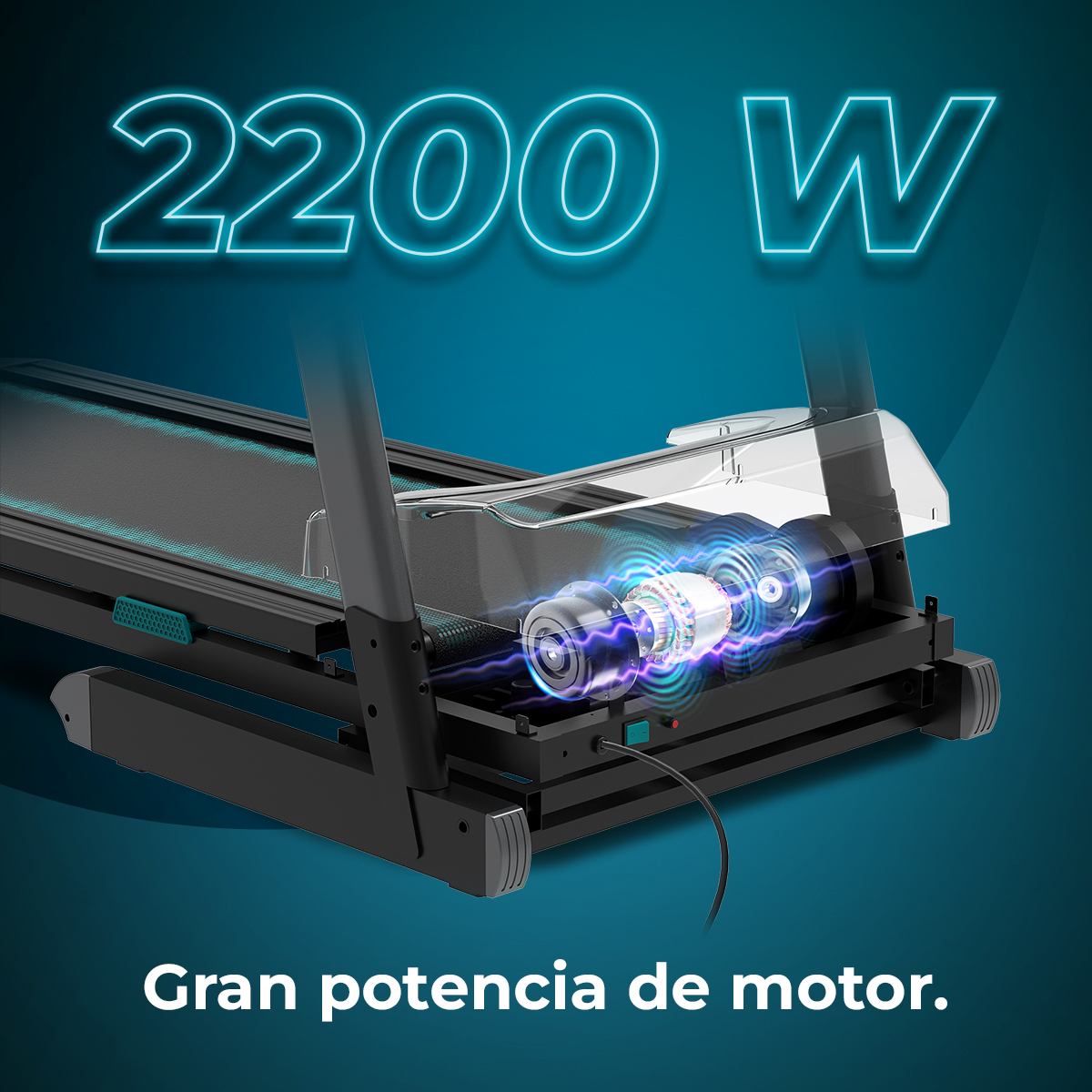 Bieżnia z mocą 2200W. Widoczny silnik z iskrami elektrycznymi. Tekst na dole brzmi 'Gran potencia de motor'.