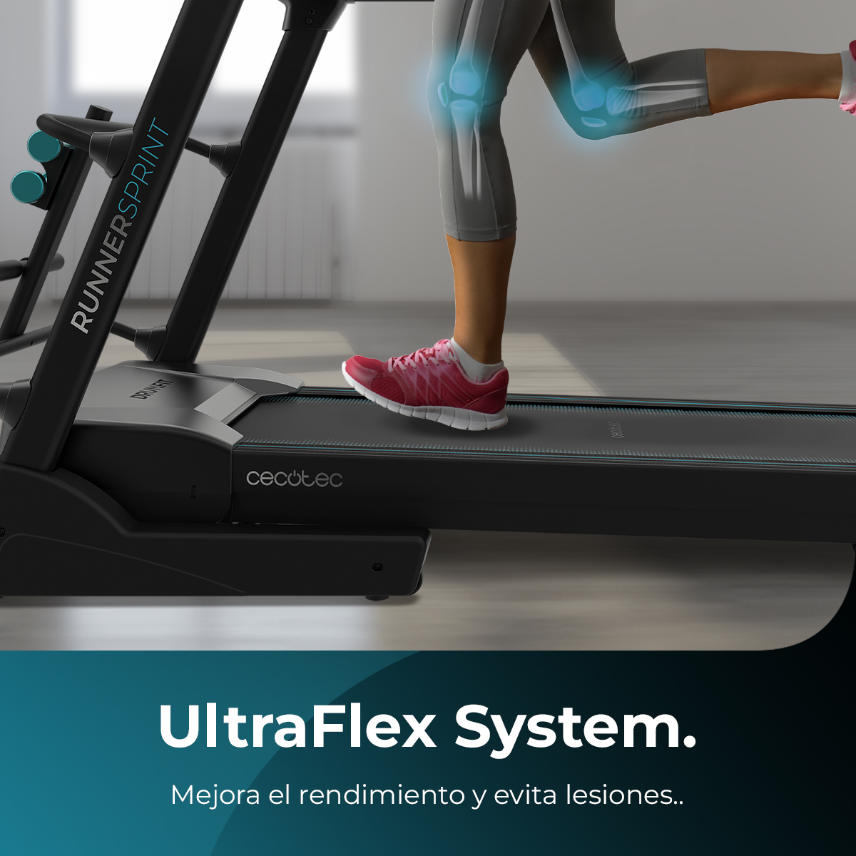 Osoba biega na bieżni. Obraz wyróżnia stawy kolanowe. Bieżnia jest czarna z marką RUNNERSPRINT.