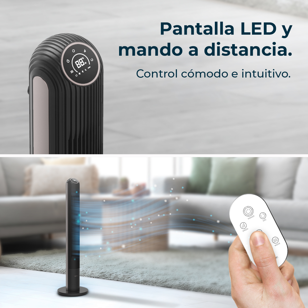 Un ventilatore a torre nero con telecomando, con display a LED. Testo: 'Schermo LED e telecomando'.