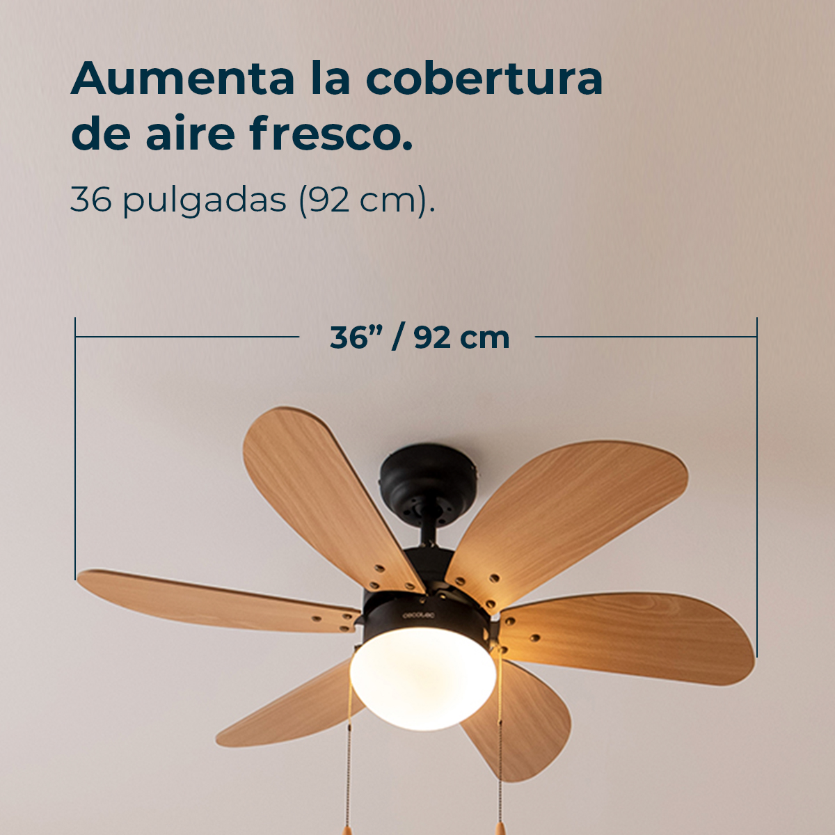 Gezeigt wird ein Deckenventilator mit Holzflügeln. Der Text oben lautet: 'Erhöhen Sie die Frischluftabdeckung. 36 Zoll (92 cm).'