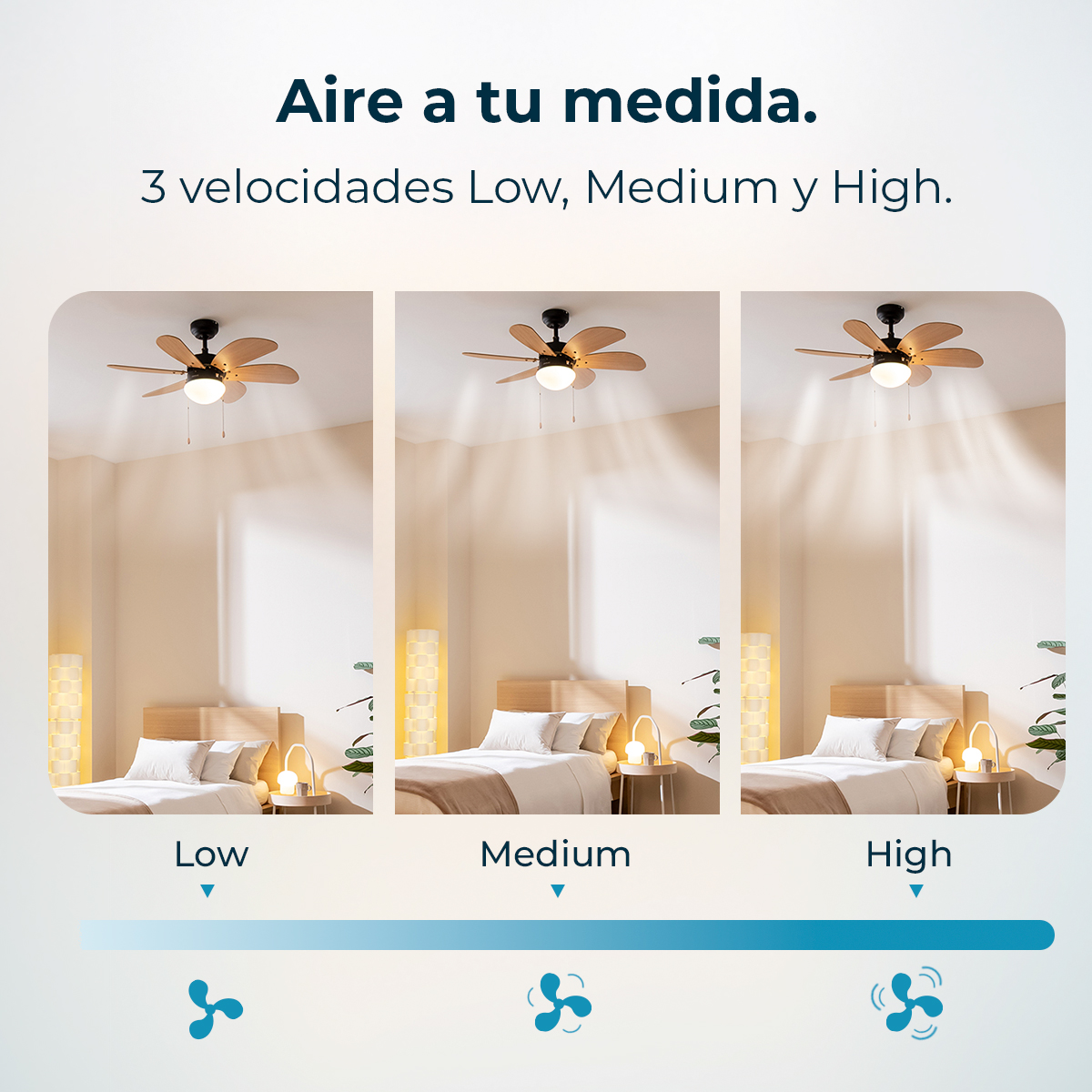 Das Bild zeigt einen Deckenventilator mit verschiedenen Geschwindigkeiten (niedrig, mittel, hoch) über einem Bett. Der Text lautet 'Aire a tu medida'.