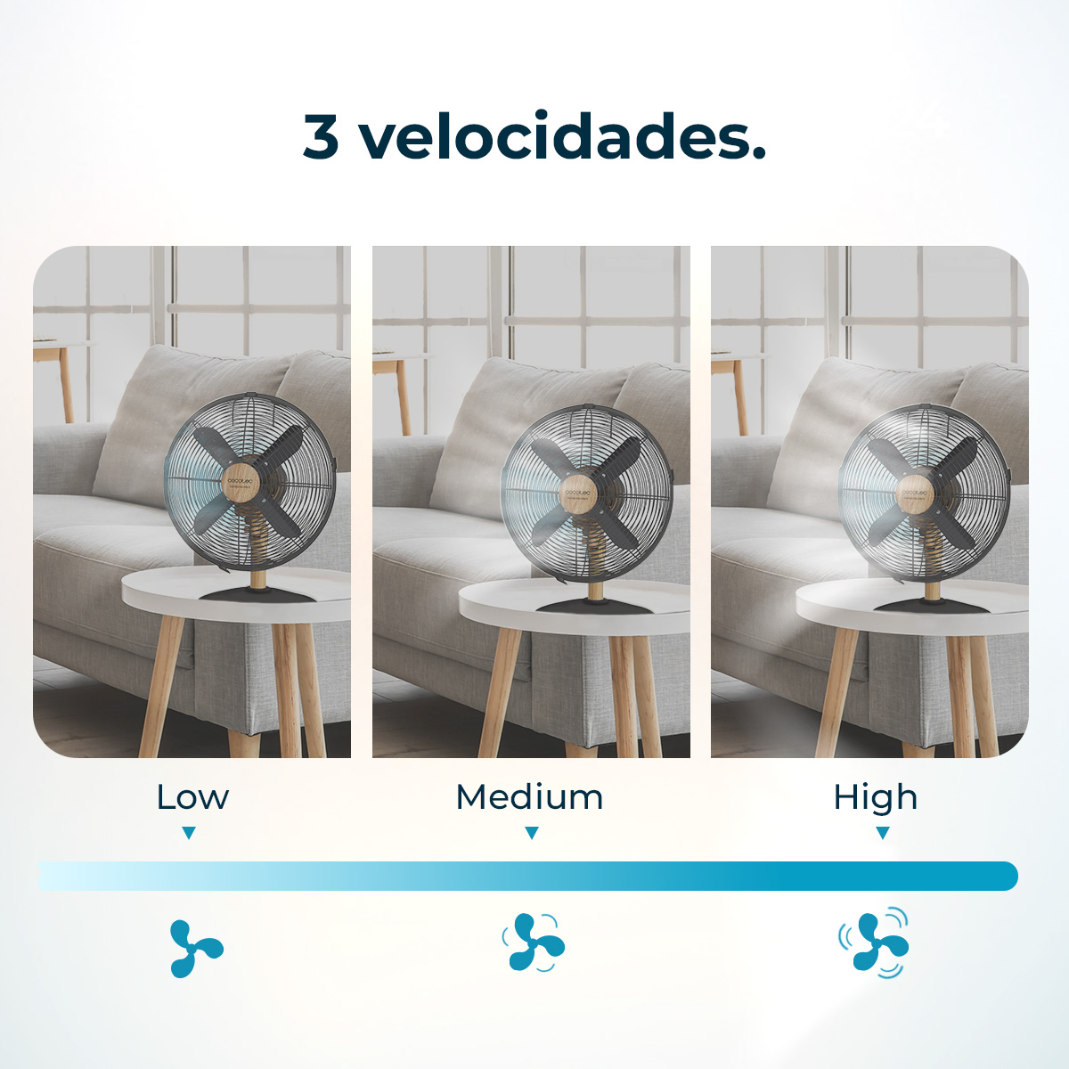 Obraz przedstawia wentylator w trzech prędkościach: niskiej, średniej i wysokiej. Każda prędkość jest reprezentowana przez grafikę wentylatora.