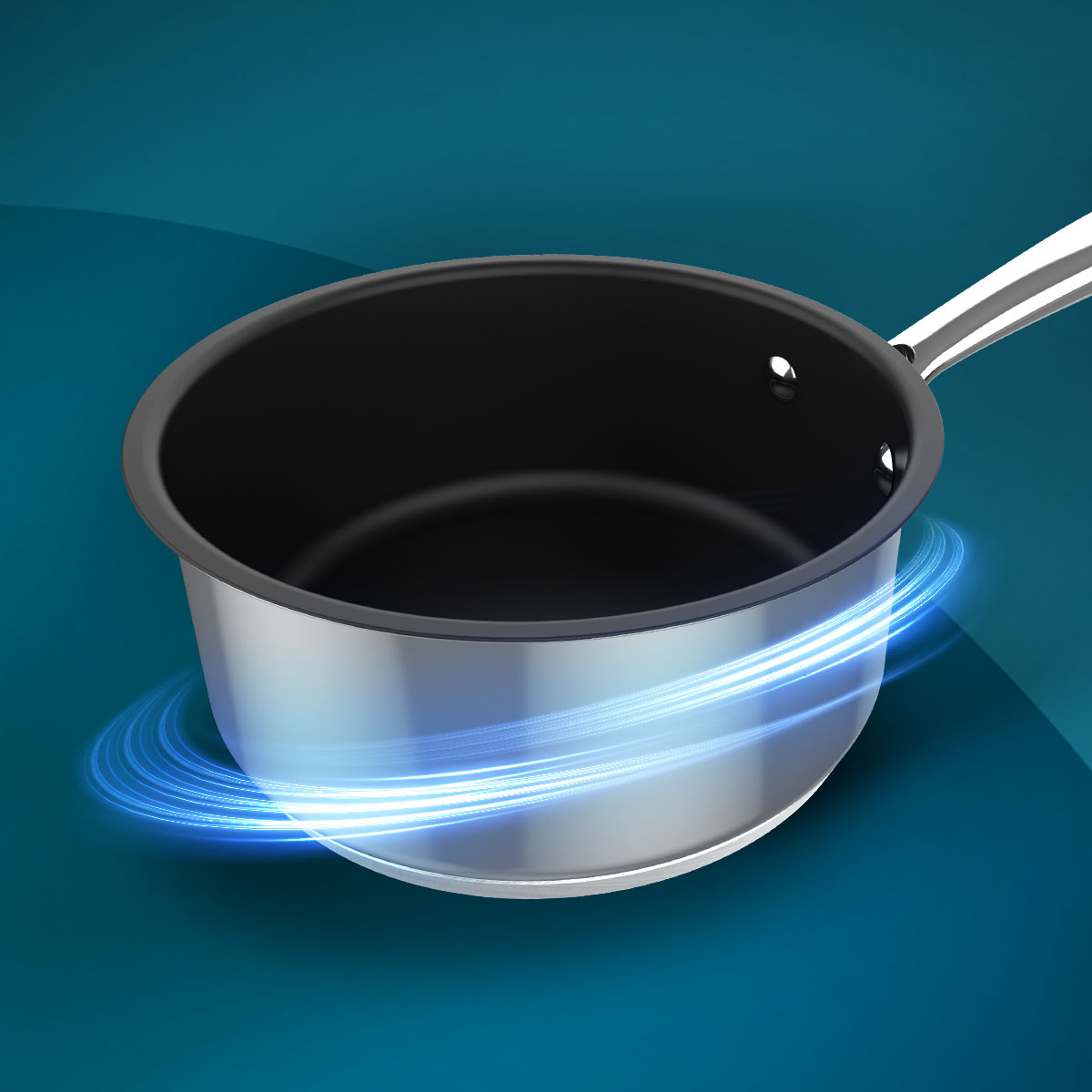 Una cacerola de acero inoxidable con interior negro. Círculos de luz azul alrededor de la olla. El fondo es un degradado de verde azulado y azul.