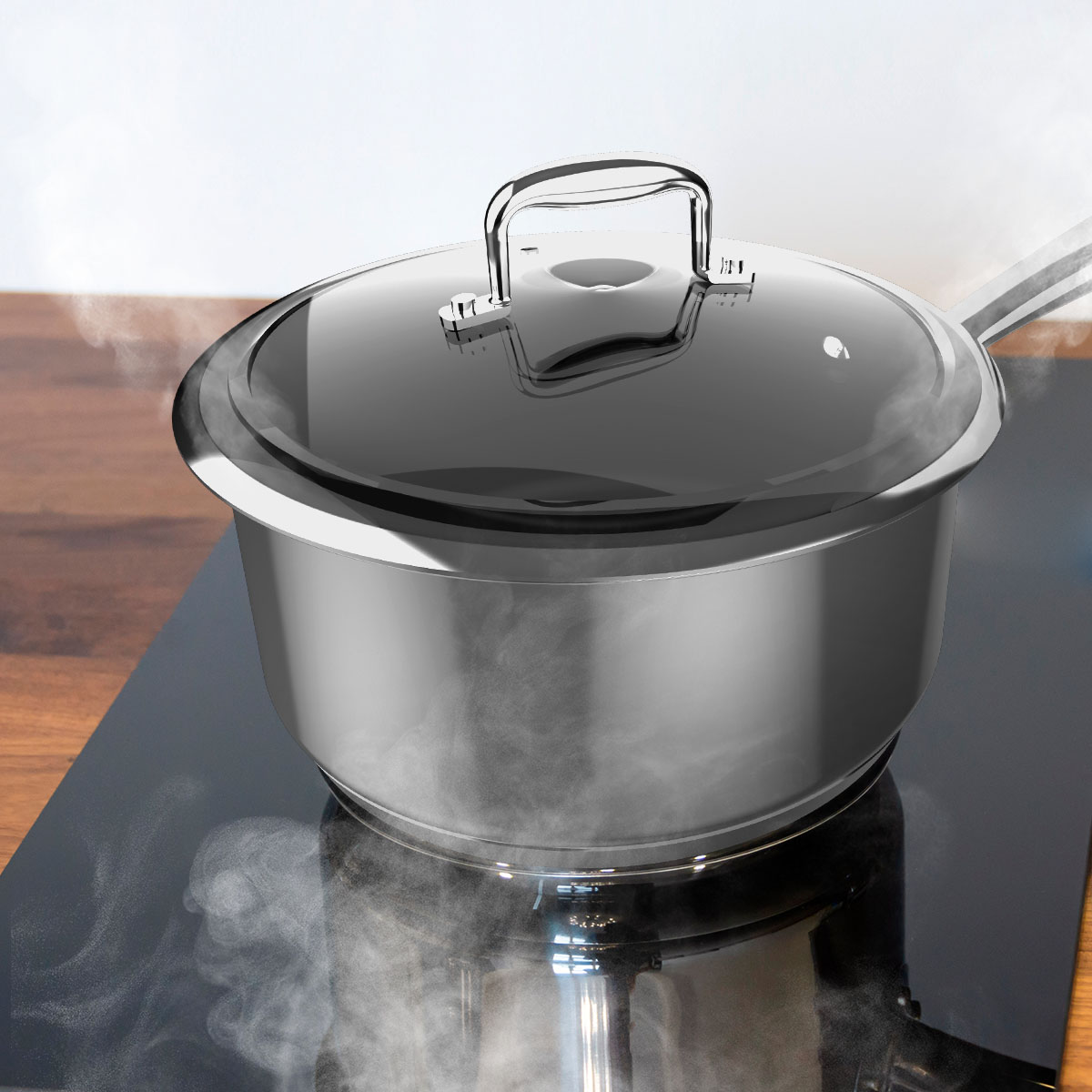 Una olla de acero inoxidable con tapa de vidrio está sobre una estufa negra. Sale vapor de la olla. Un mostrador de madera está al fondo.