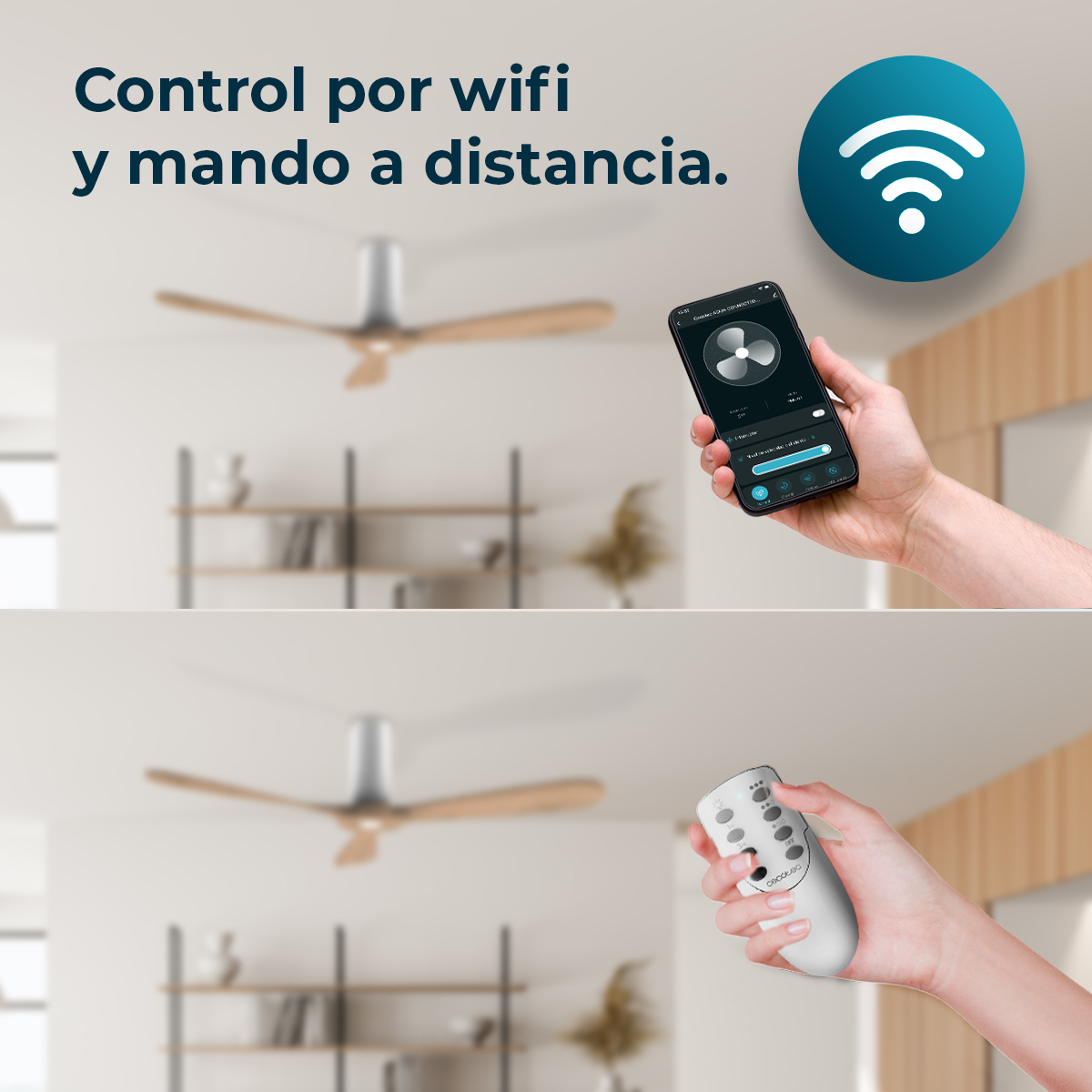 Ręka trzyma telefon, który kontroluje wentylator sufitowy. Druga ręka trzyma pilota. Tekst: 'Sterowanie Wi-Fi i pilot.'