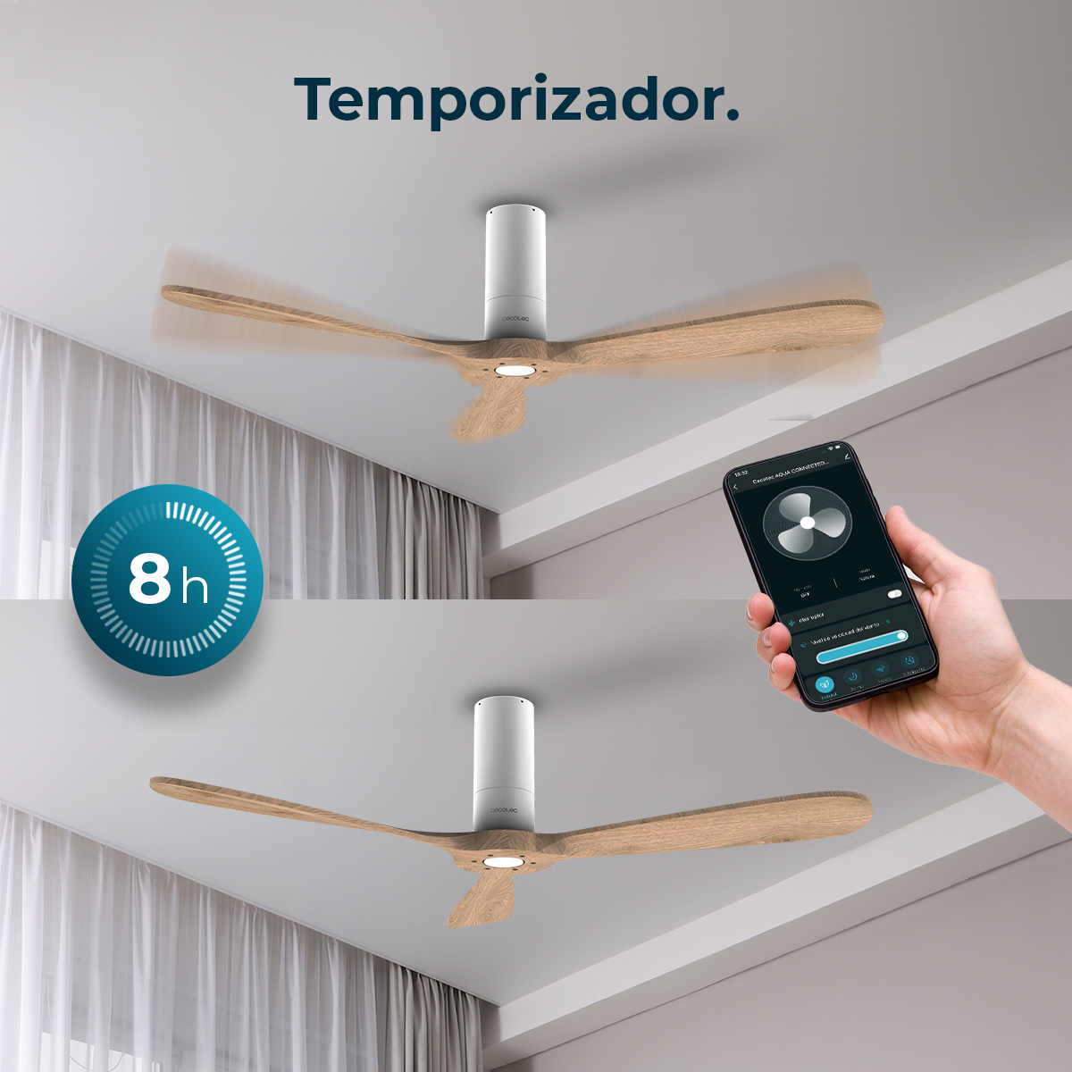 Wentylator sufitowy z drewnianymi łopatkami, sterowany aplikacją, timer 8h. Tekst "Temporizador" na górze.