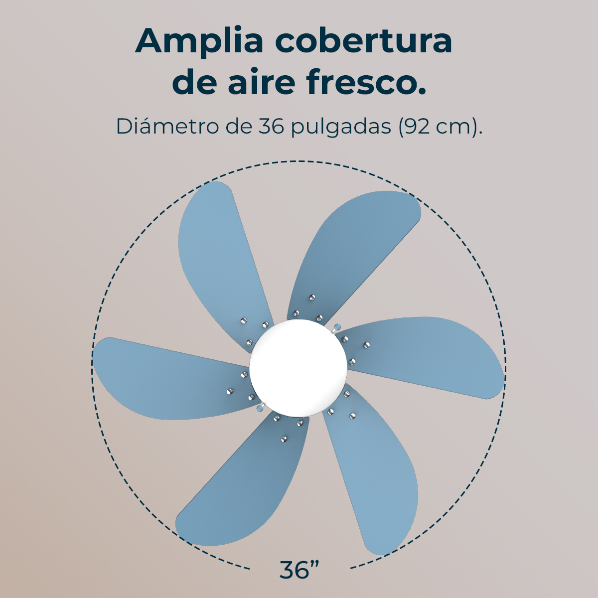 Ventilatore da soffitto con sei pale blu. Testo: Amplia cobertura de aire fresco. Diametro: 36 pollici.