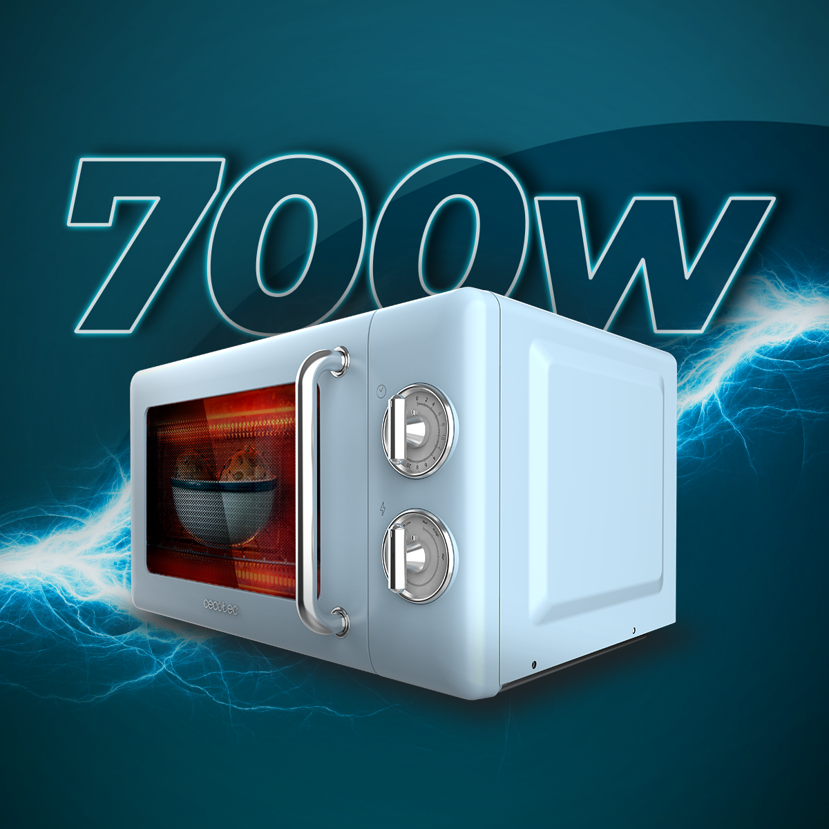 Jasnoniebieska kuchenka mikrofalowa z napisem 700W. W środku miska z jedzeniem. Tło jest ciemnoniebieskie z błyskawicami.