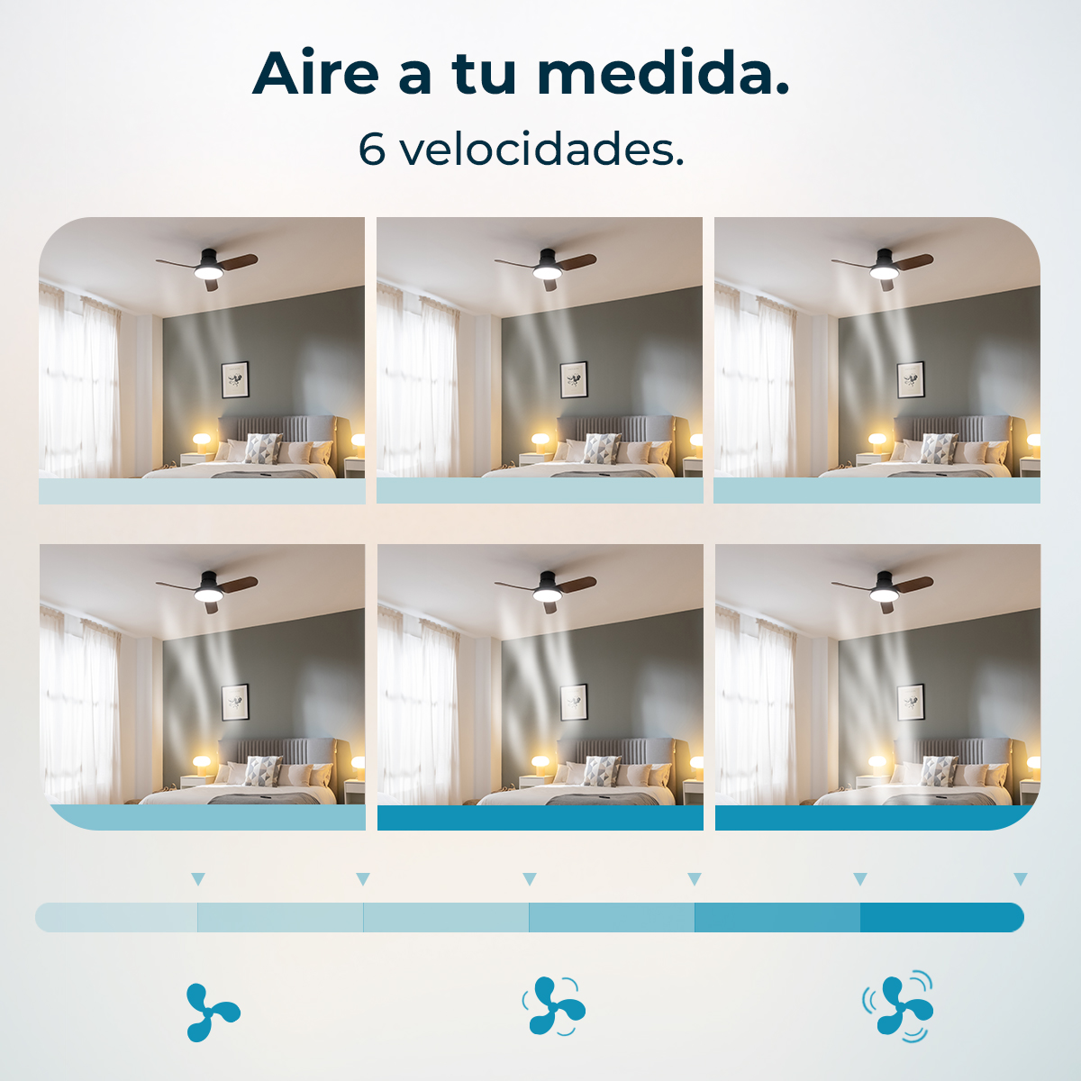 L'immagine mostra una camera da letto con un ventilatore a soffitto. Sei immagini mostrano l'aumento della velocità della ventola. Testo: 'Aire a tu medida. 6 velocidades.'