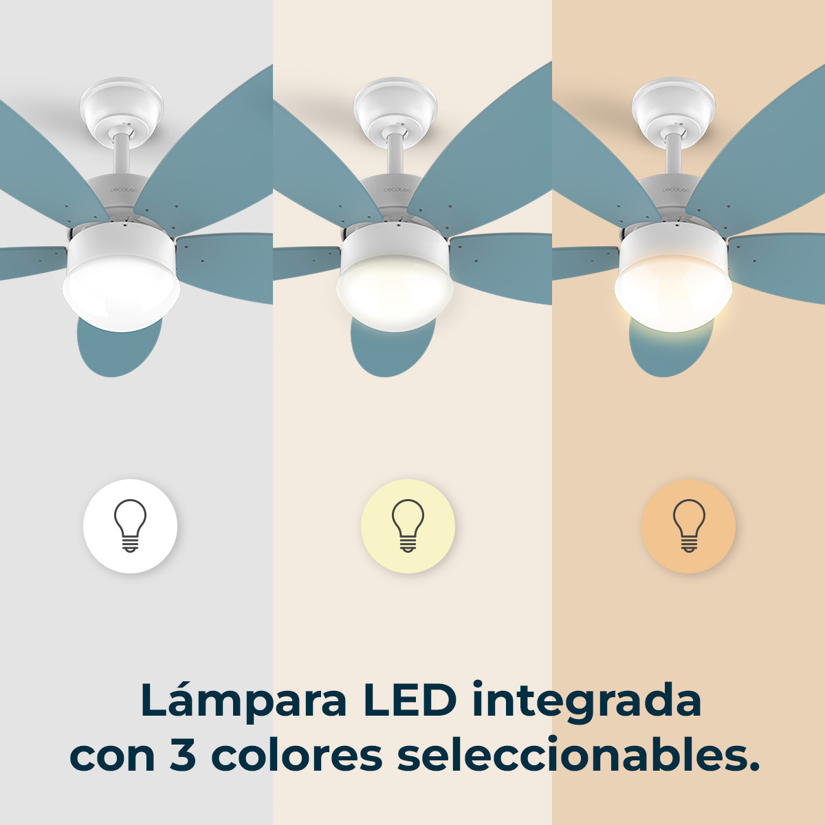 Trzy wentylatory sufitowe z różnymi kolorami światła: biały, żółty i pomarańczowy. Każdy wentylator ma niebieskie łopatki.