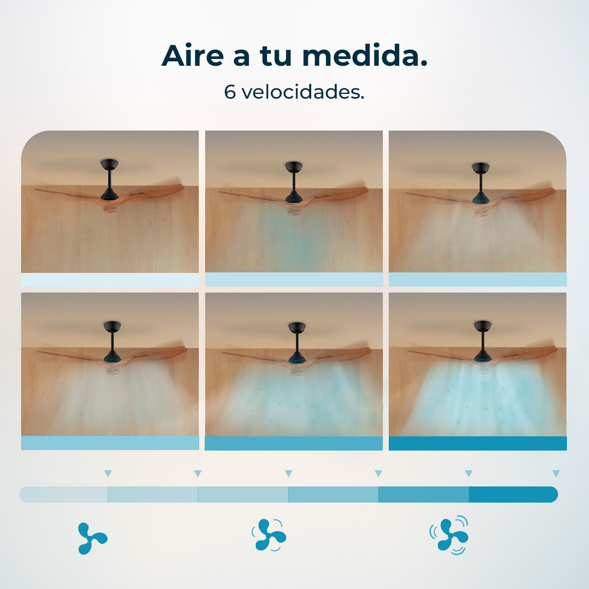 Imagen muestra un ventilador de techo a diferentes velocidades. Texto: 'Aire a tu medida. 6 velocidades.' Aspas y movimiento del aire.