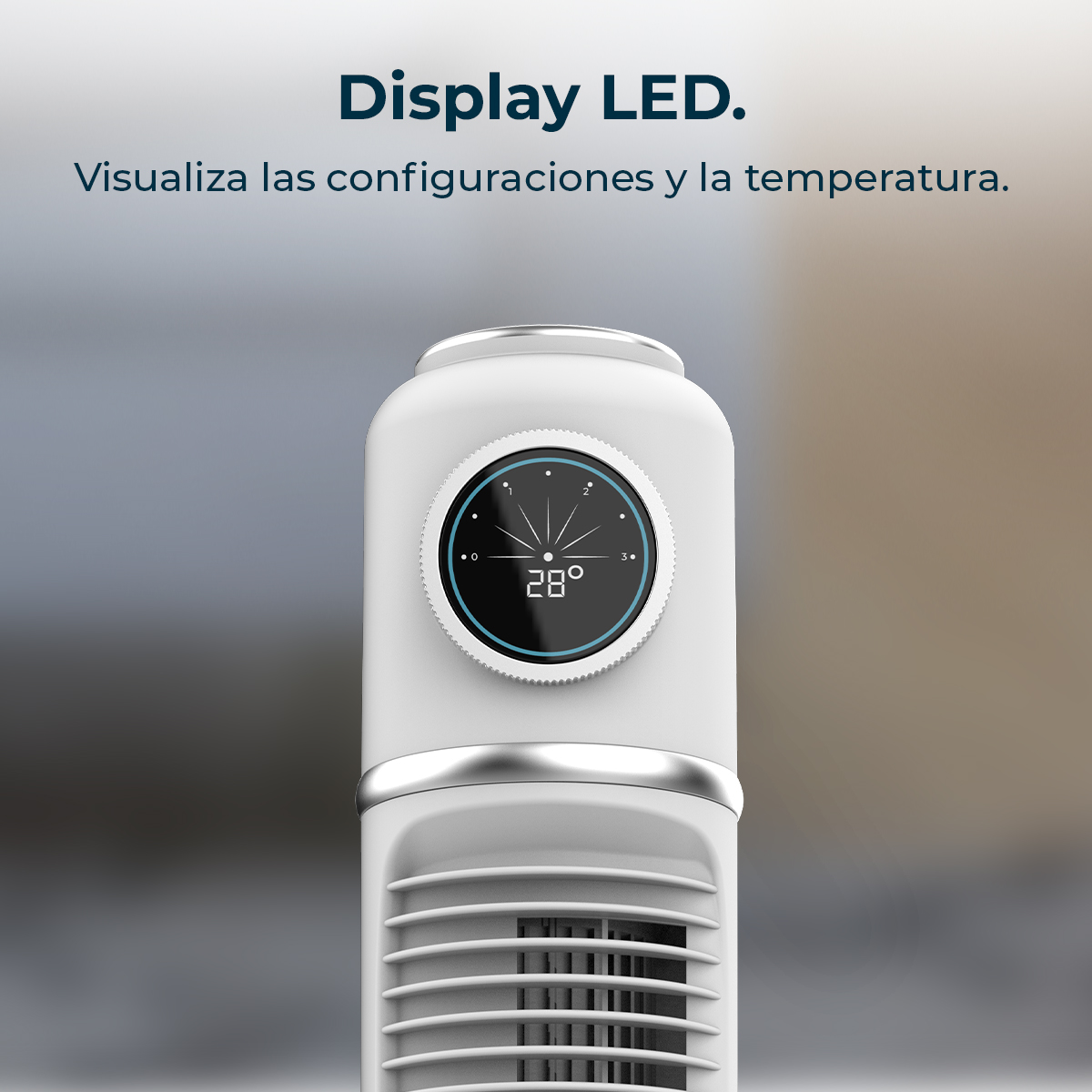 Weißer Luftkühler mit Digitalanzeige, die 28 Grad anzeigt. Das Display hat ein schwarzes Zifferblatt mit silbernem Rahmen.