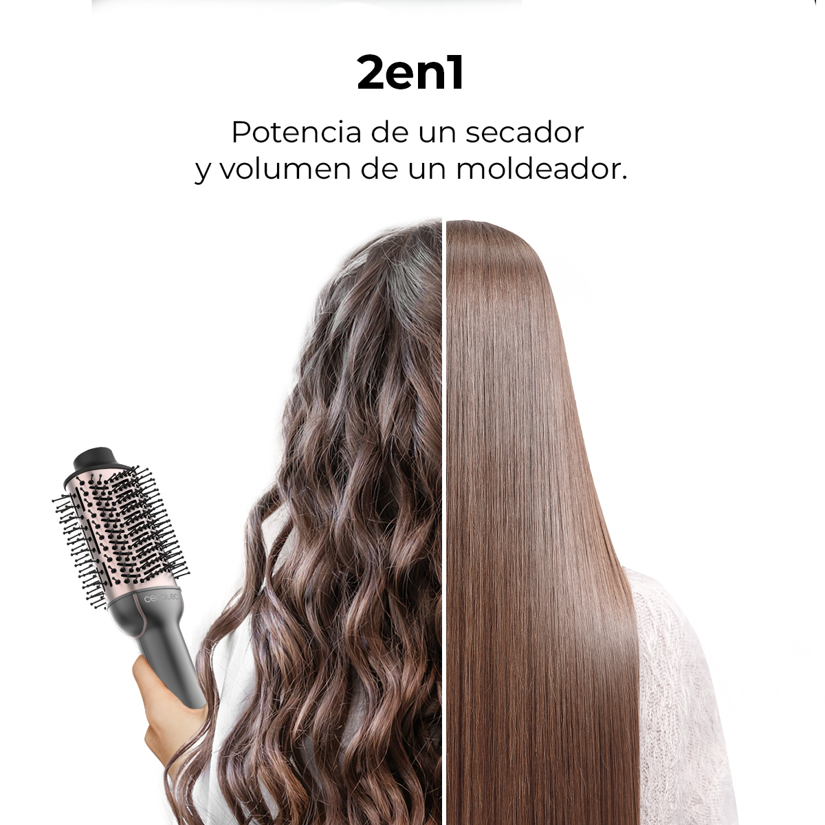 L'immagine mostra un dispositivo per lo styling dei capelli. A sinistra: capelli mossi. A destra: capelli lisci. Dispositivo in mano.