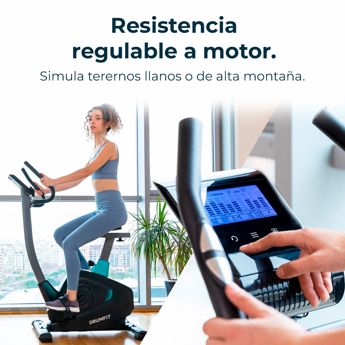 Donna su cyclette, preme pulsanti. Il display mostra le impostazioni. Testo: resistenza regolabile a motore. Simula terreno piatto o montuoso.