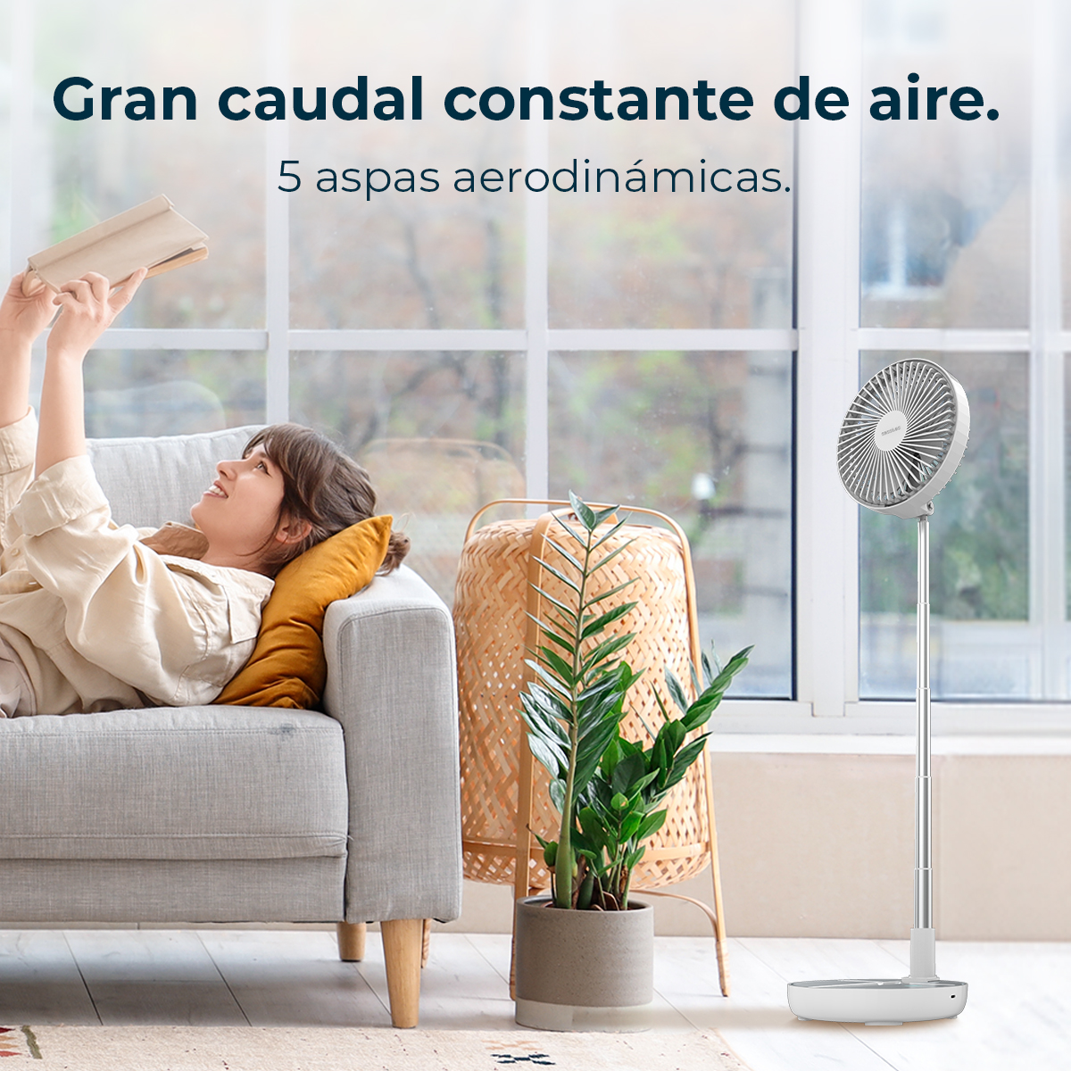 Vrouw op een bank leest een boek. Rechts een ventilator. Plant en mand in de buurt. Tekst in het Spaans.