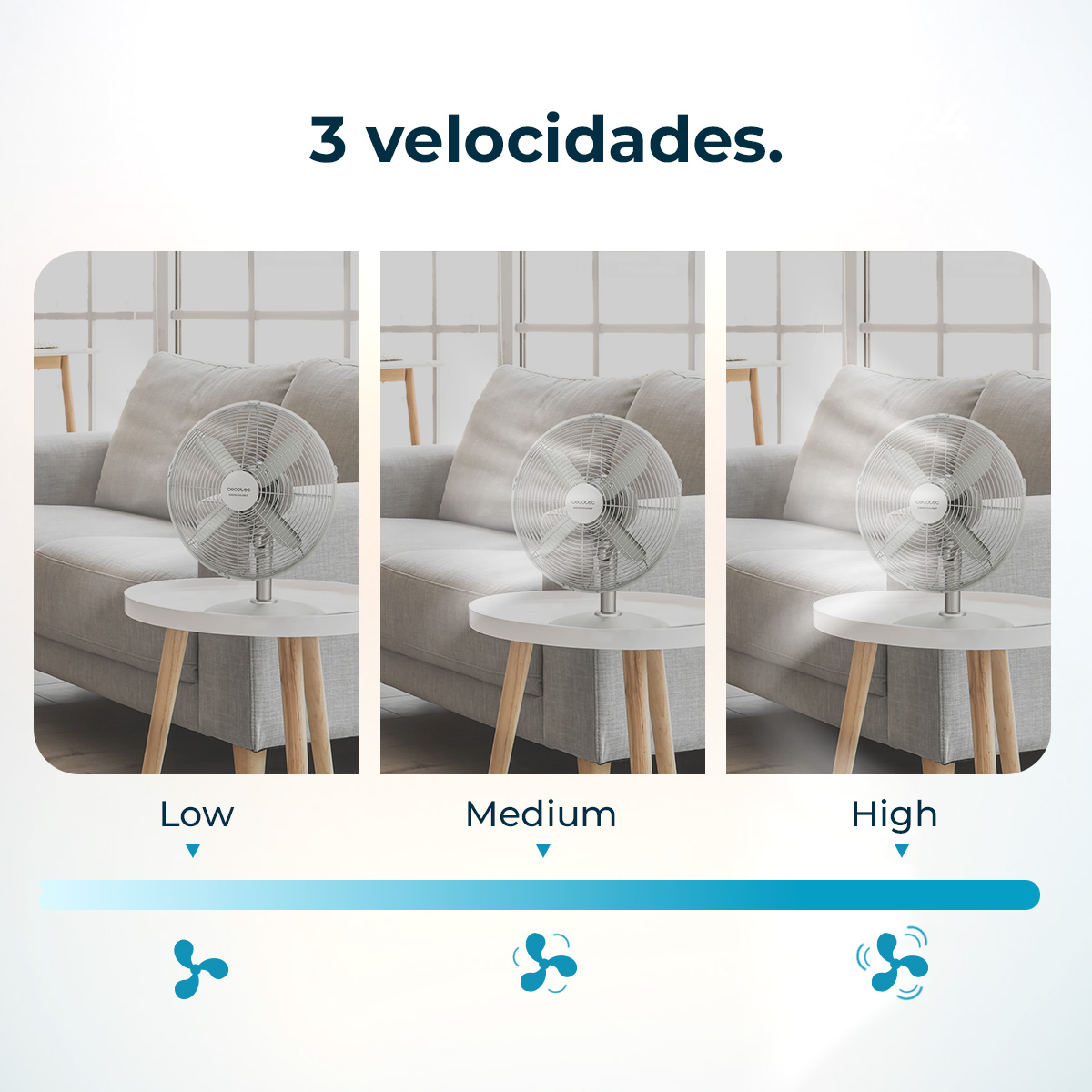 Obraz przedstawia wentylator na stole z trzema ustawieniami prędkości: Niski, Średni i Wysoki, każdy z odpowiednią ikoną wentylatora.