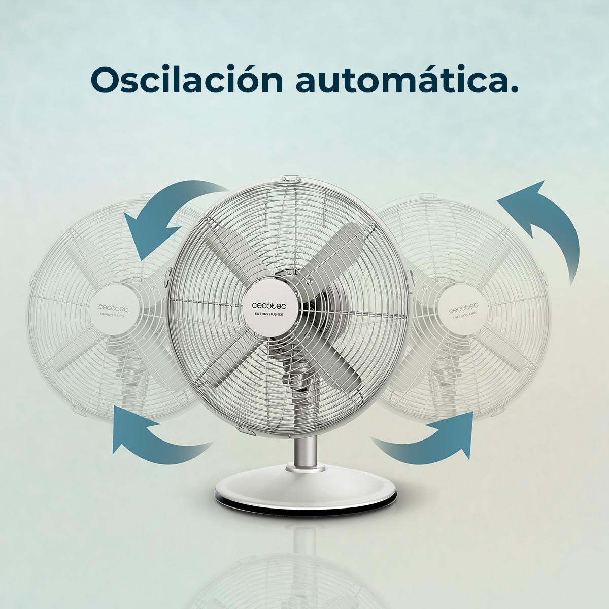 Biały wentylator oscylacyjny z trzema łopatkami. Strzałki pokazują ruch. U góry tekst: 'Oscilación automática'.