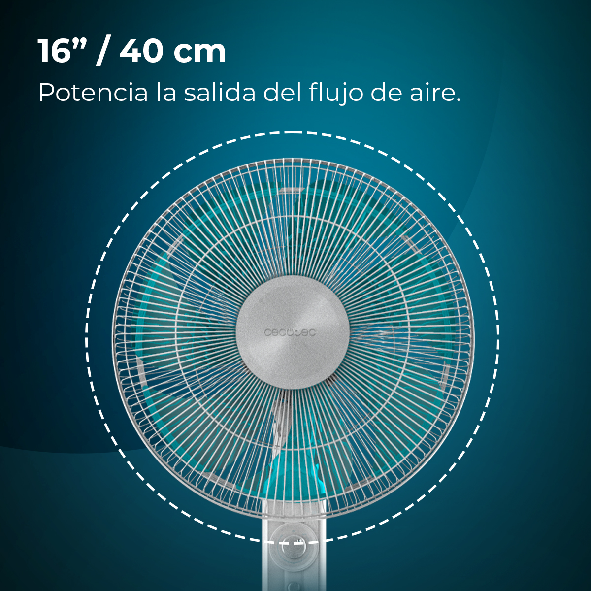 Nahaufnahme eines silbernen Ventilators mit blauen Flügeln. Oben steht '16" / 40 cm'. Der Hintergrund ist ein dunkelblauer Farbverlauf.