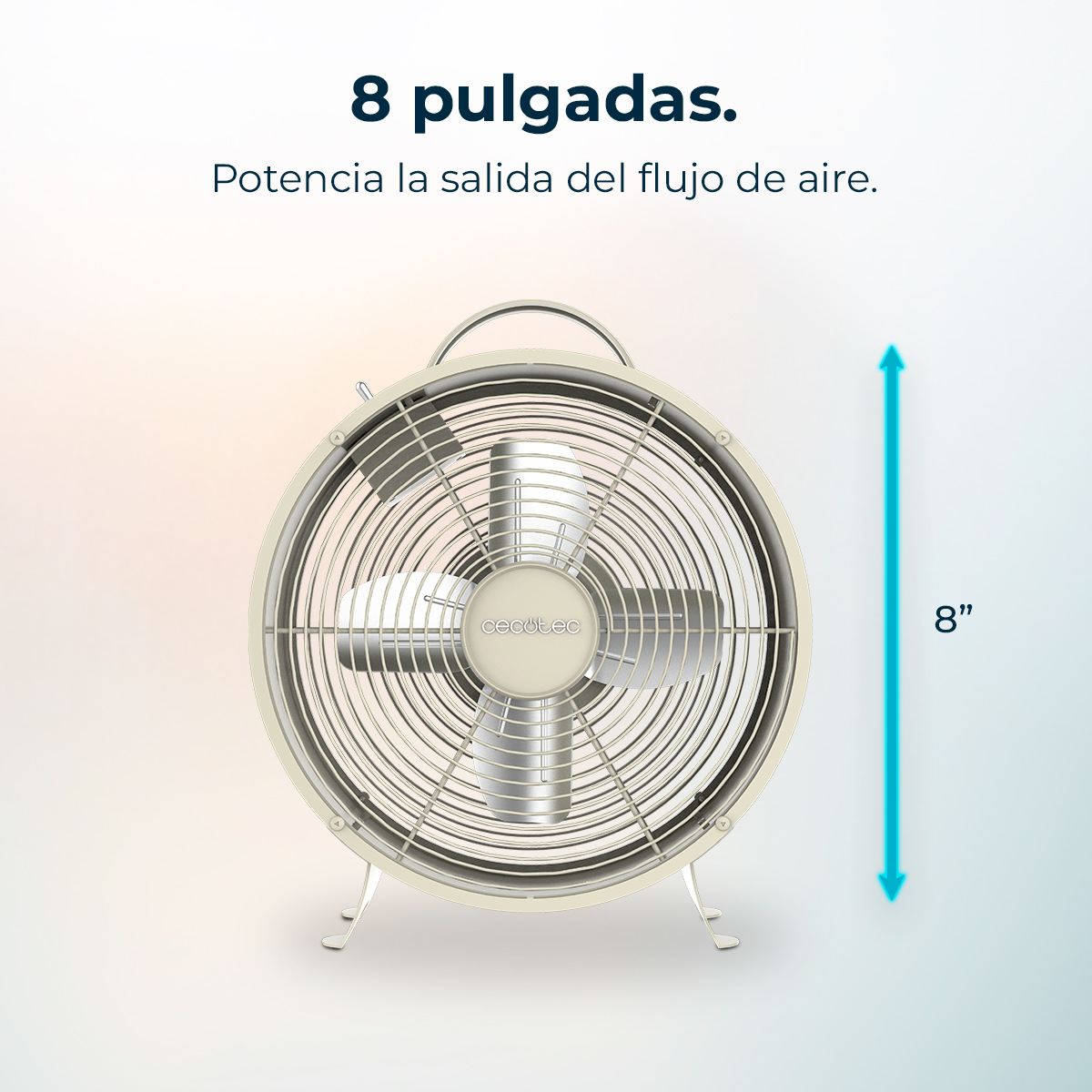 Ein cremefarbener 8-Zoll-Ventilator mit silbernem Griff und Flügeln. Blauer Pfeil zeigt 8 Zoll an. Text oben: 8 pulgadas.