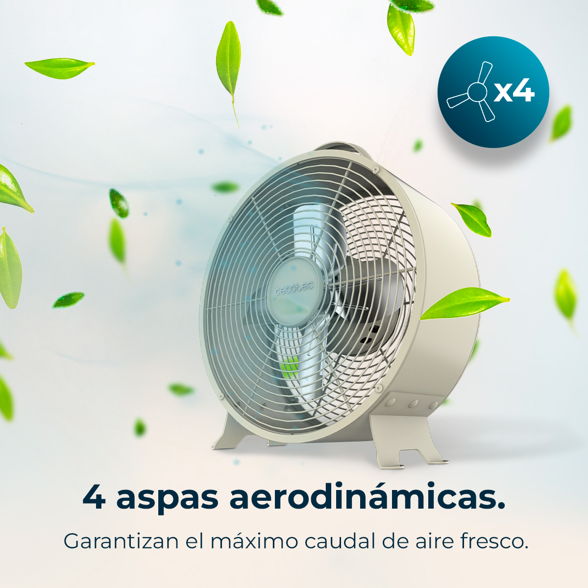 Beigefarbener Ventilator mit 4 Blättern, umgeben von grünen Blättern und einem blauen Kreis mit x4. Text: '4 aerodynamische Blätter'.