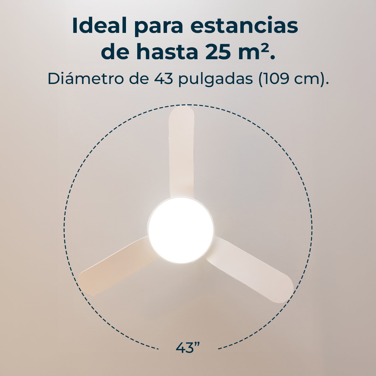 Ventilatore da soffitto con tre pale bianche, luce centrale e diametro di 43 pollici su sfondo bianco.