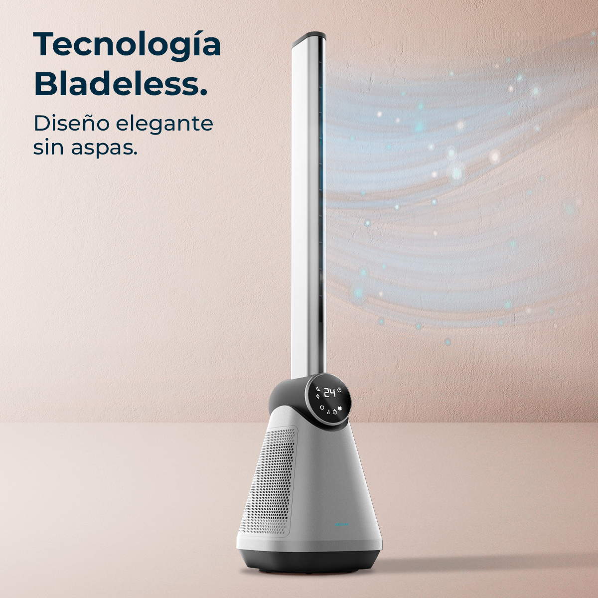 Un ventilatore senza pale è contro un muro color pesca. È argento e nero. Il testo recita: 'Tecnologia senza pale. Design elegante senza pale'.