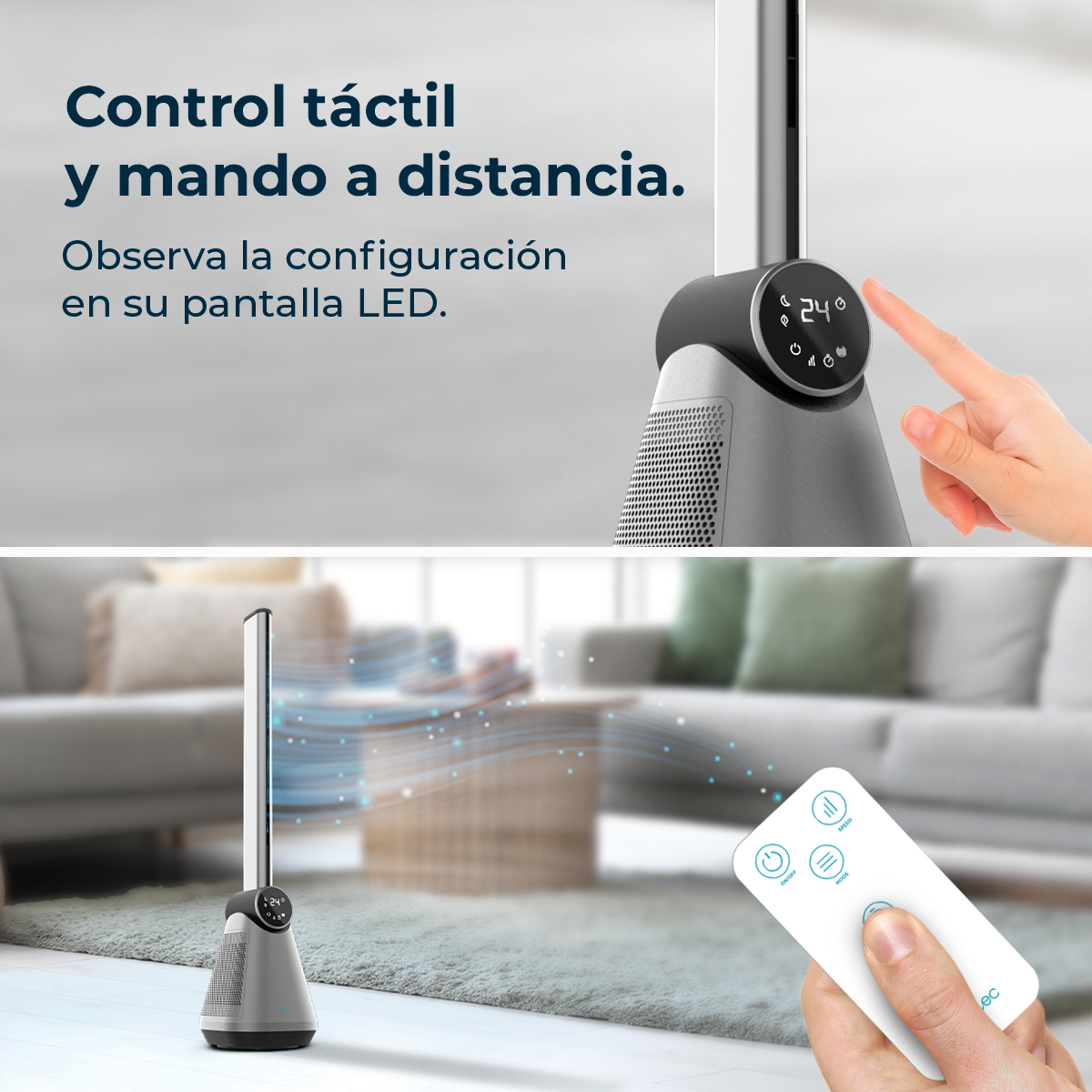 Una mano tocca il pannello di controllo della ventola. Un telecomando è tenuto in un'altra mano. La ventola è grigia e bianca. Testo: Control táctil y mando a distancia.