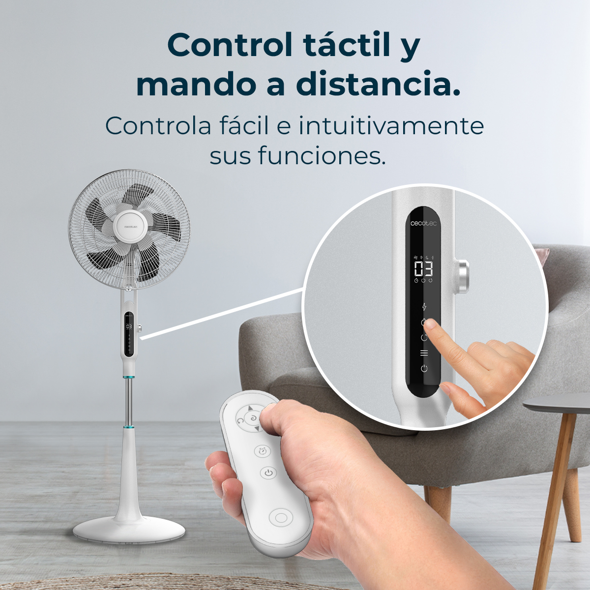 Un ventilatore bianco con telecomando, una mano che tocca il ventilatore e una vista ingrandita del pannello di controllo del ventilatore.