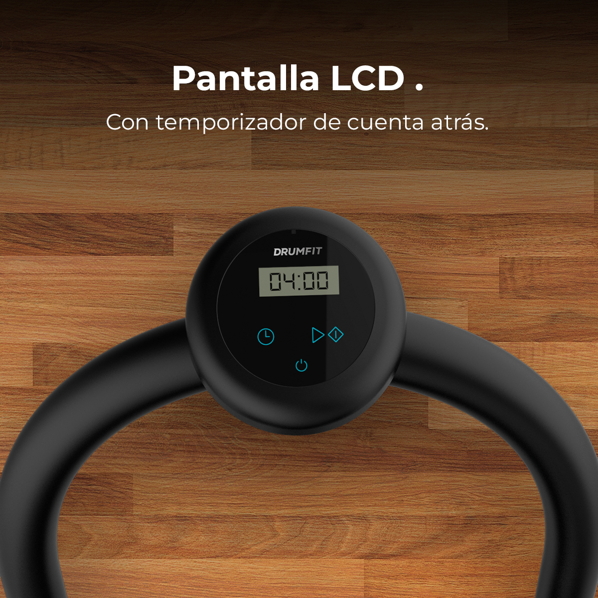 Timer Drumfit nero con display circolare che mostra 04:00, con maniglia nera curva, su sfondo in legno.