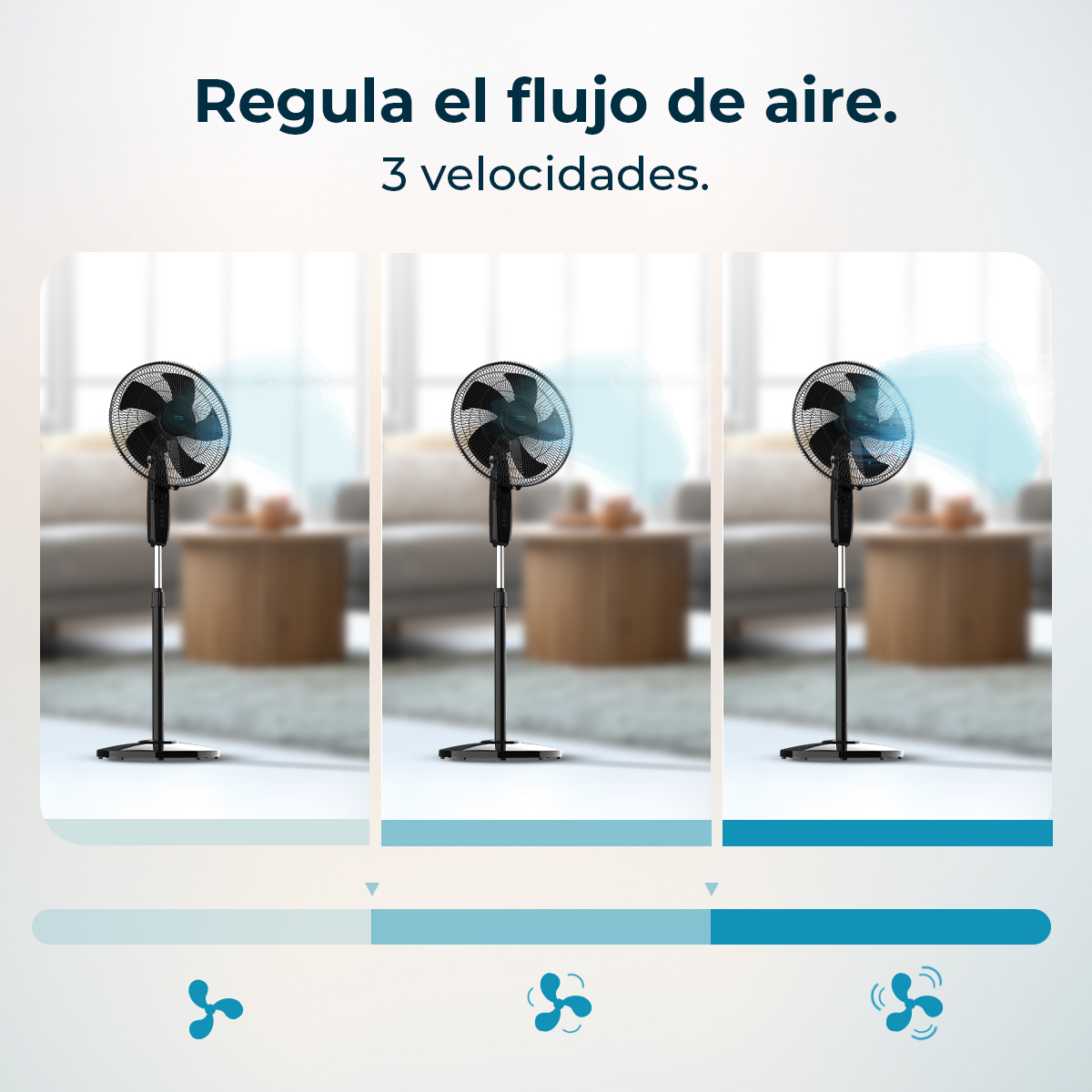L'immagine mostra tre ventilatori elettrici, ciascuno con velocità crescente. Il testo dice: 'Regula el flujo de aire. 3 velocidades'.