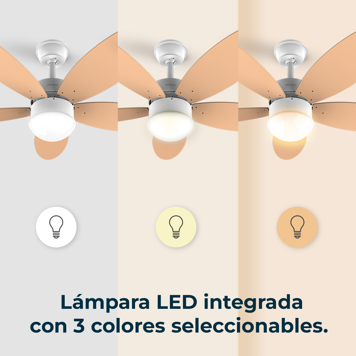 Wentylator sufitowy z oświetleniem w trzech temperaturach barwowych. Ikony żarówek poniżej. Tekst: Zintegrowana lampa LED z 3 wybieranymi kolorami.