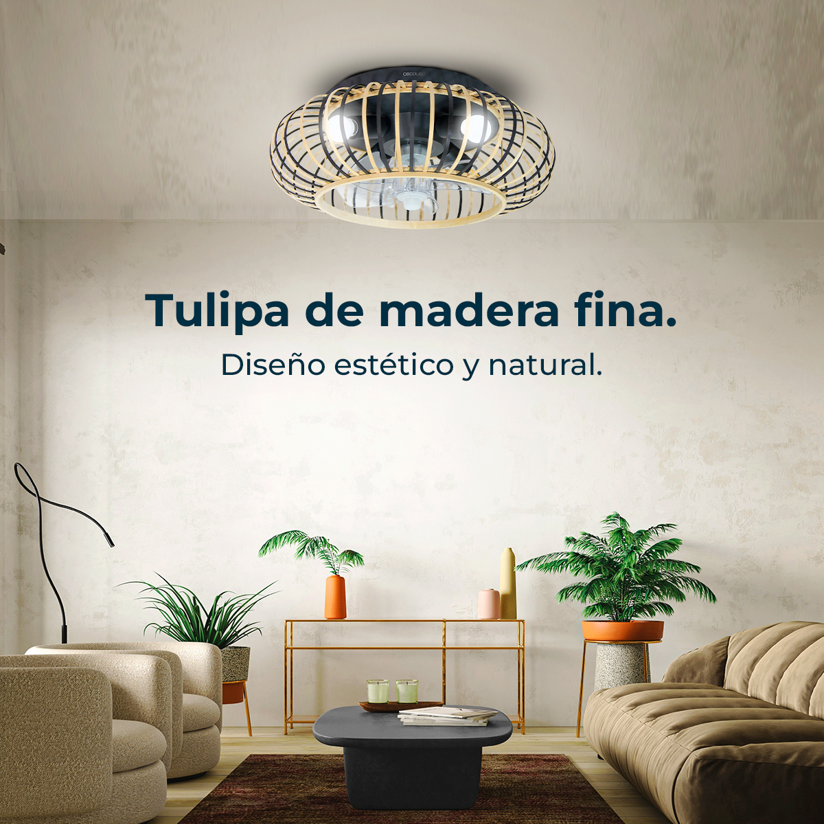 A modern living room with a wooden lamp, sofa, armchairs, plants, and a coffee table. Text reads: Fine wood tulip, aesthetic design.