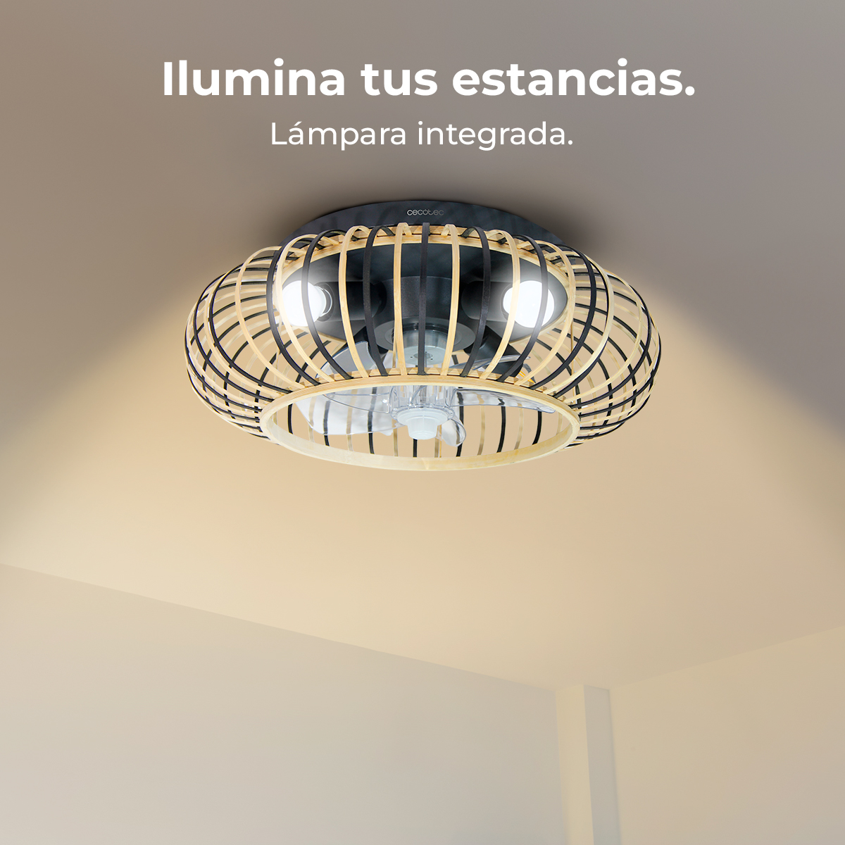 Ceiling fan with integrated lights. It has a woven bamboo design and three bright lights, set against a light-colored ceiling.