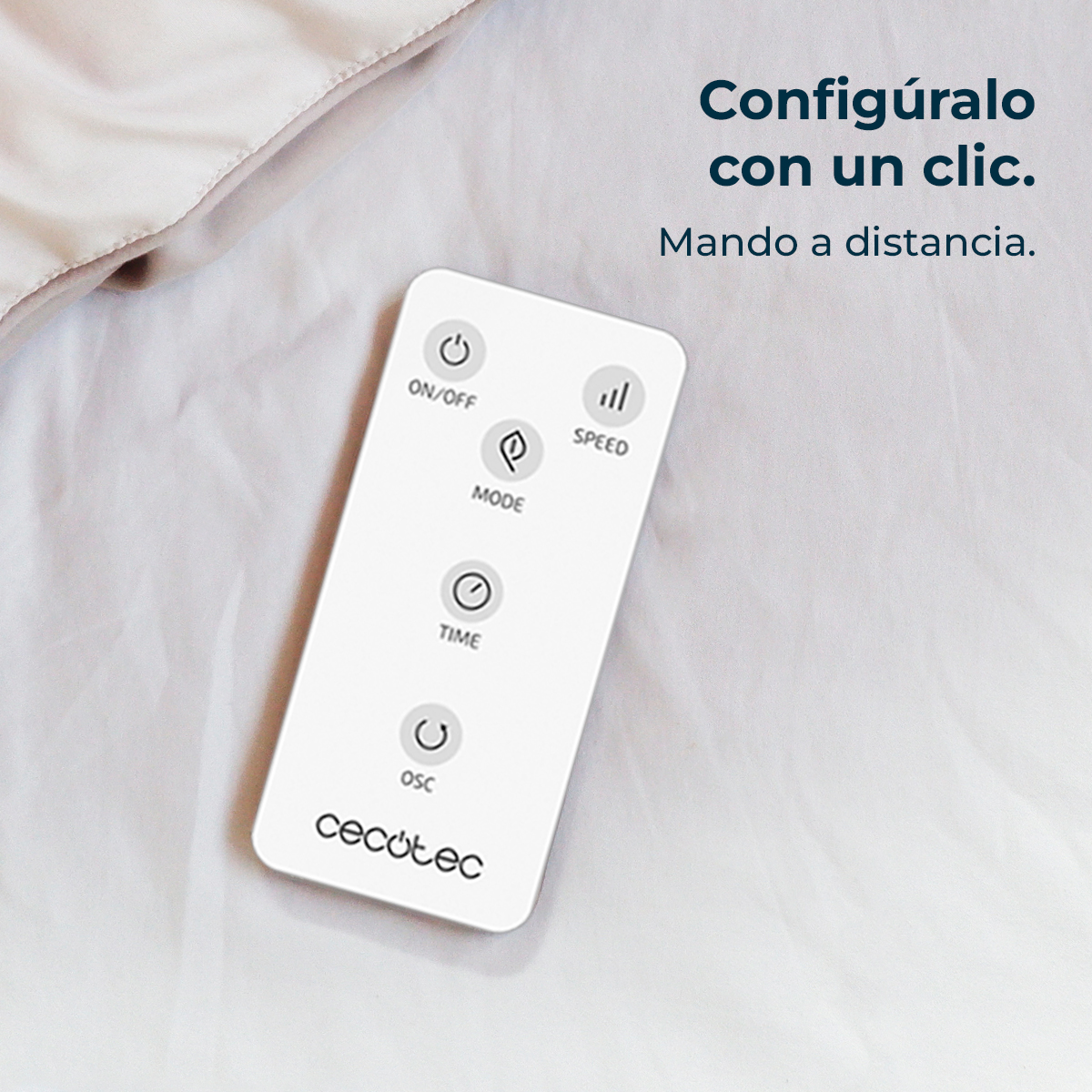 A white remote control on white fabric. The remote has buttons for power, mode, time, and speed. The brand is Cecotec.