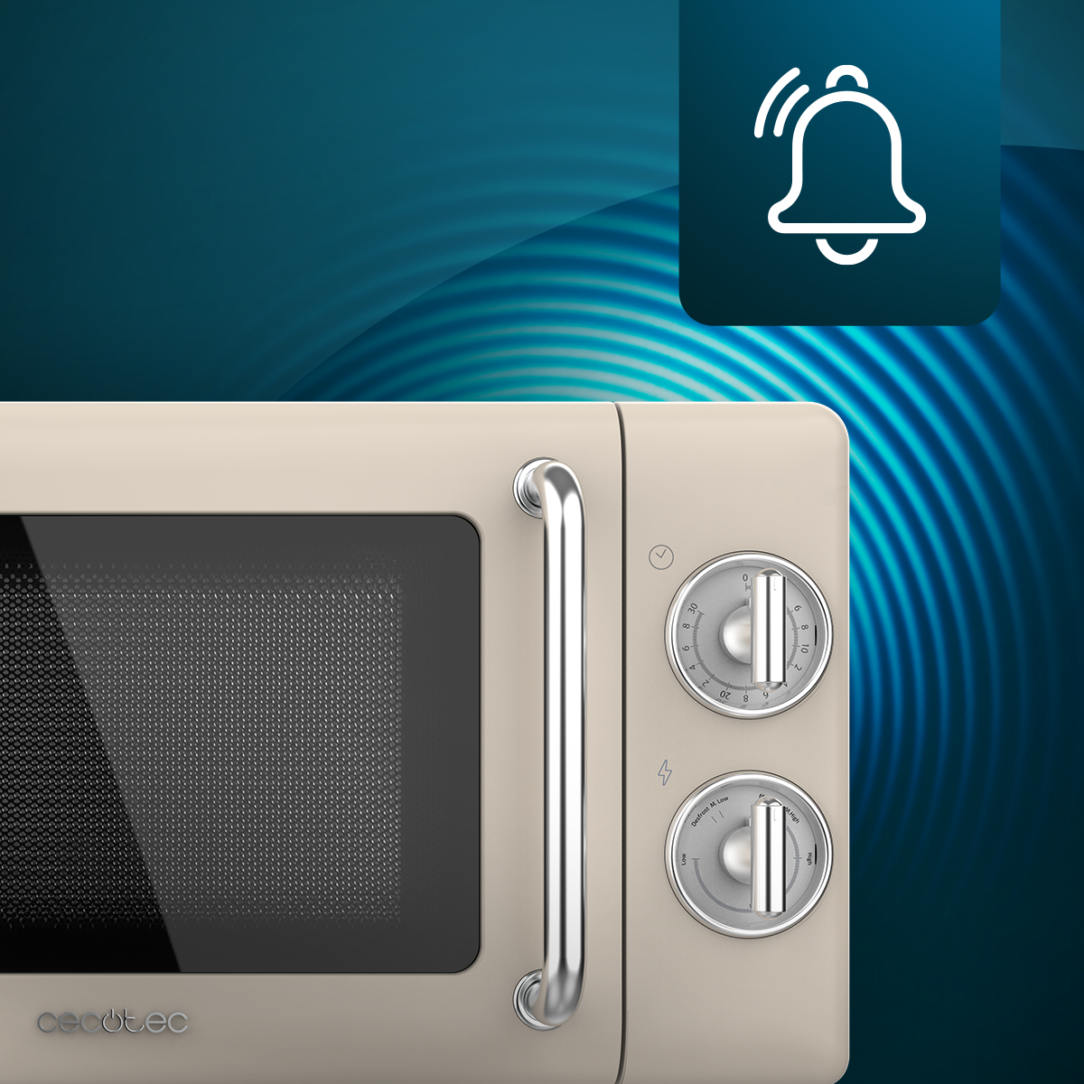 Beżowa kuchenka mikrofalowa ze srebrnym uchwytem i elementami sterującymi. W prawym górnym rogu znajduje się ikona dzwonka. Tło jest niebieskie.