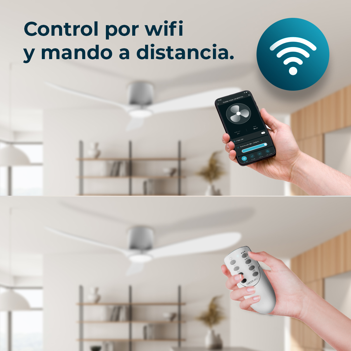 Ręka trzyma telefon kontrolujący wentylator. Druga ręka trzyma pilota. Symbol WiFi w prawym górnym rogu, tekst: 'Kontrola przez wifi'.