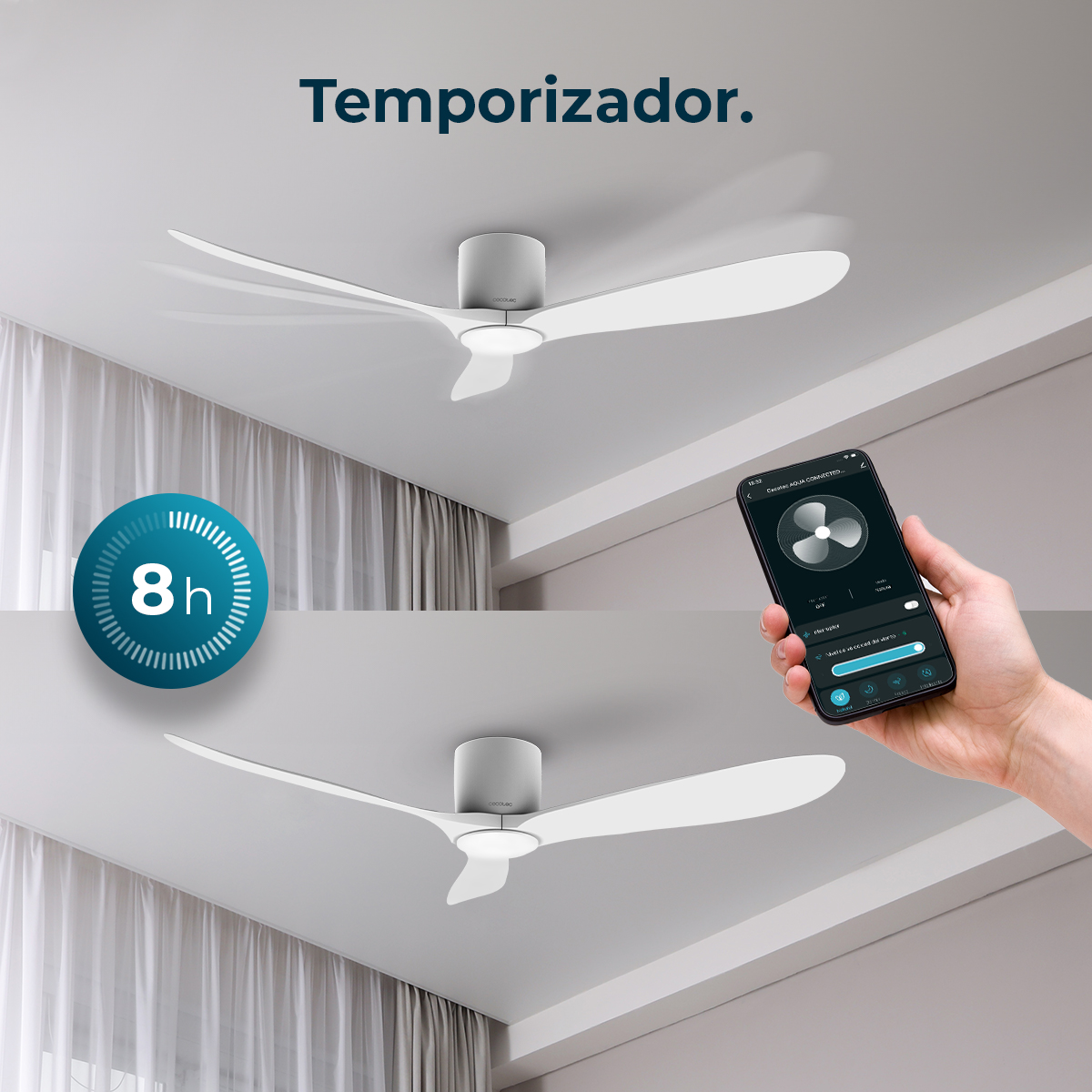 Wentylator sufitowy ze zdalnym sterowaniem przez smartfon, pokazujący timer 8h. Wentylator jest biały, tło to salon.