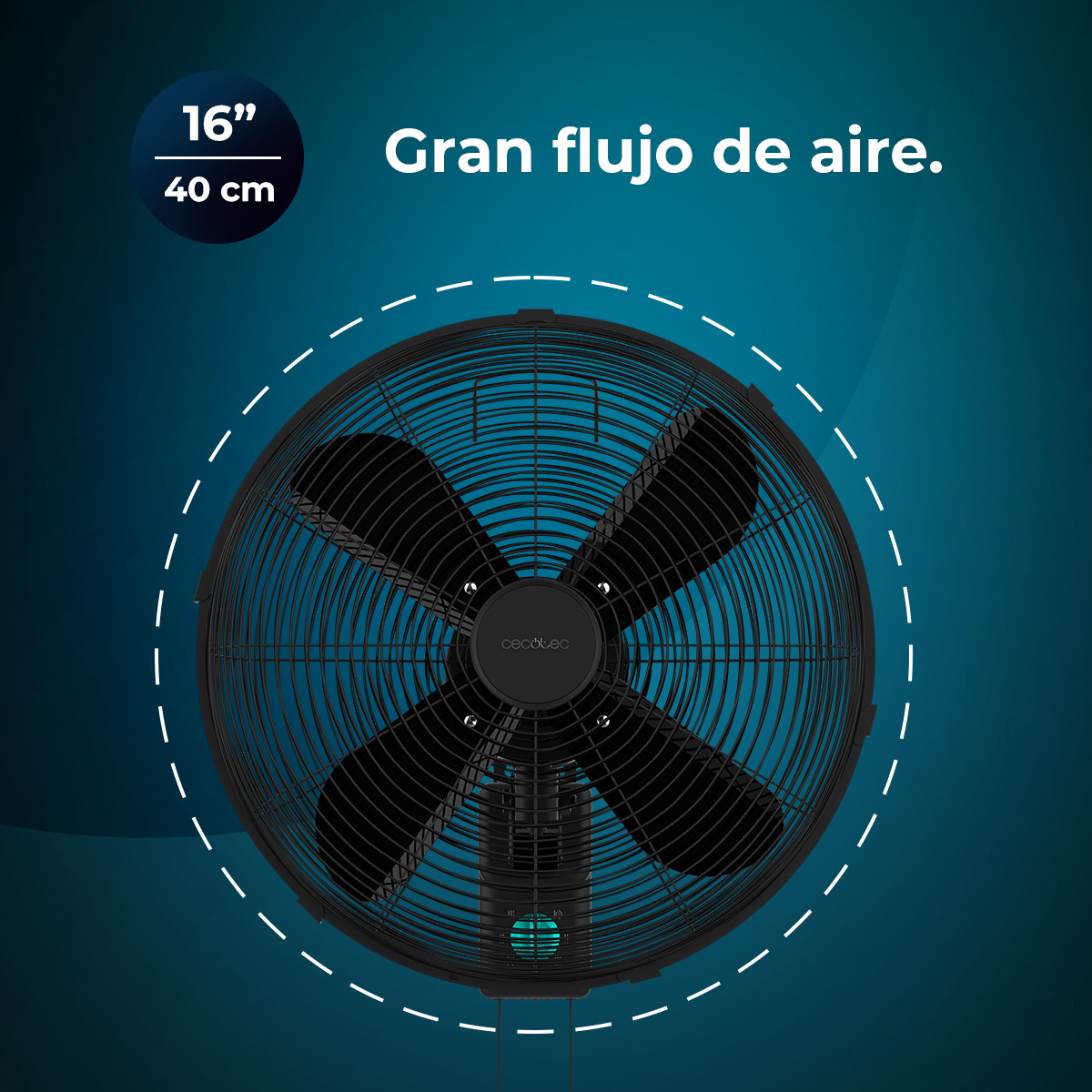 Ein schwarzer Ventilator mit vier Flügeln steht vor einem dunkelblauen Hintergrund. Text: 'Gran flujo de aire' und '16" 40 cm'.