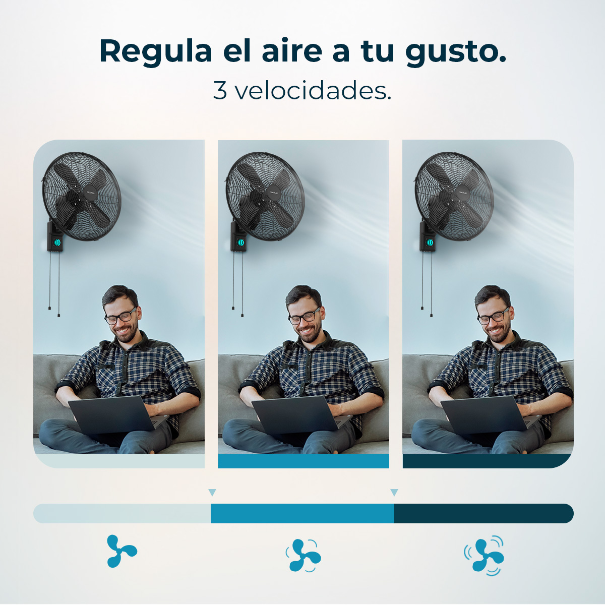 Ein Mann sitzt mit einem Laptop auf einem Sofa, unter 3 Ventilatoren. Das Bild zeigt die Geschwindigkeitseinstellungen und den Text 'Regula el aire a tu gusto.'
