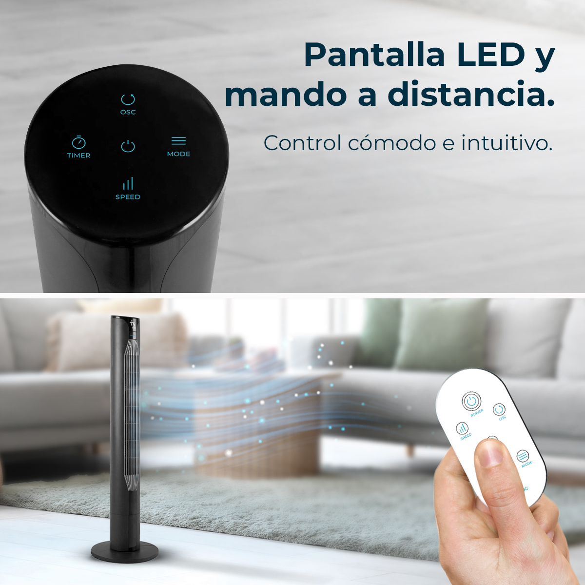 Ventilador de torre negro con pantalla LED y mando a distancia. El mando se sostiene en la mano. Fondo de salón con sofá y alfombra.