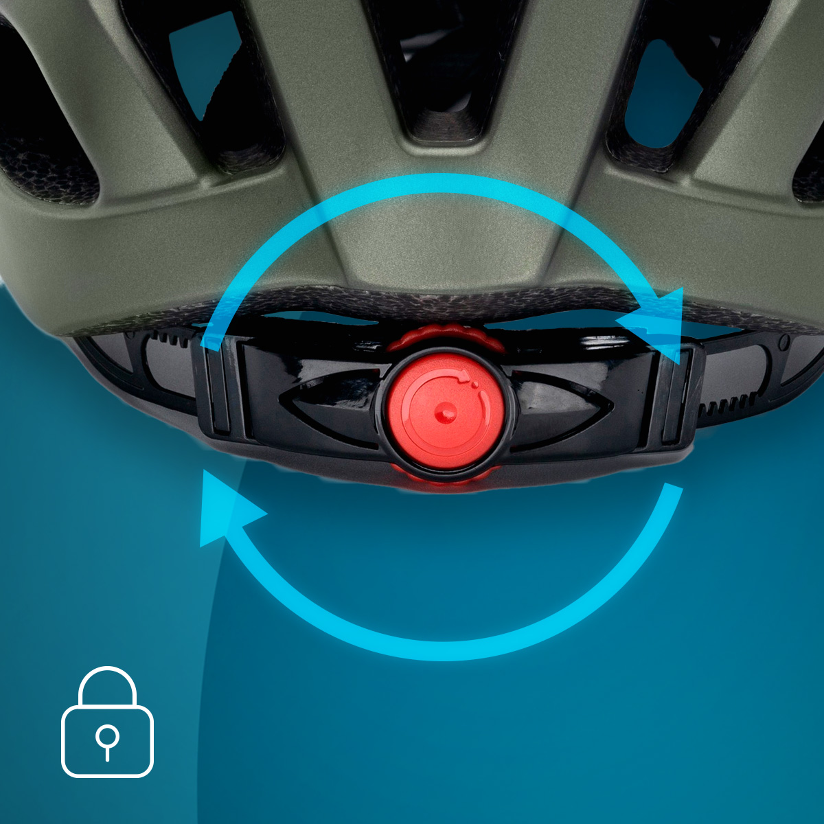 Primer plano de un casco de bicicleta con una perilla de ajuste roja. Flechas azules rodean el mecanismo de ajuste, indicando su función.